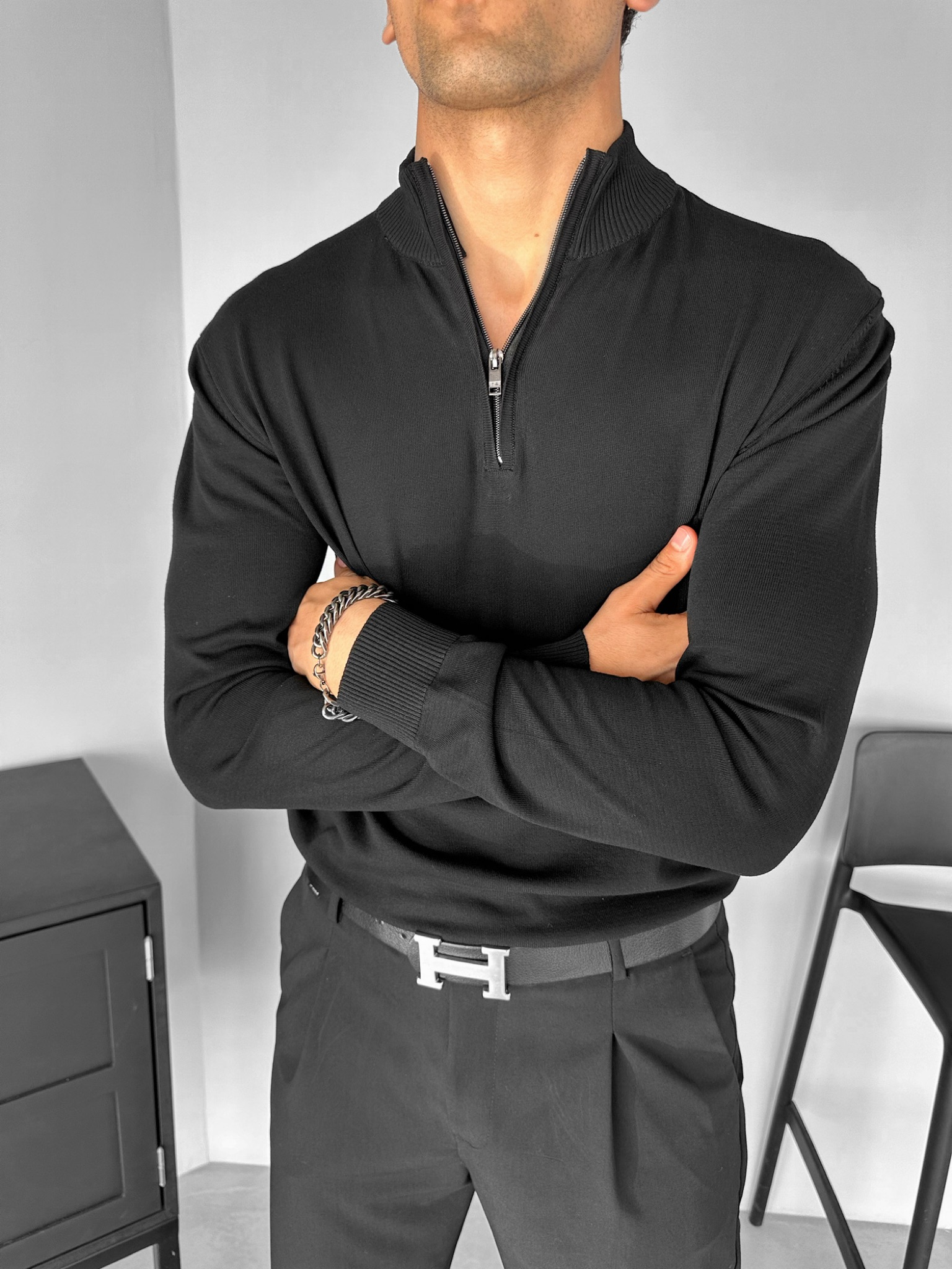 Erkek Yarım Fermuarlı Polo Yaka Kazak Siyah