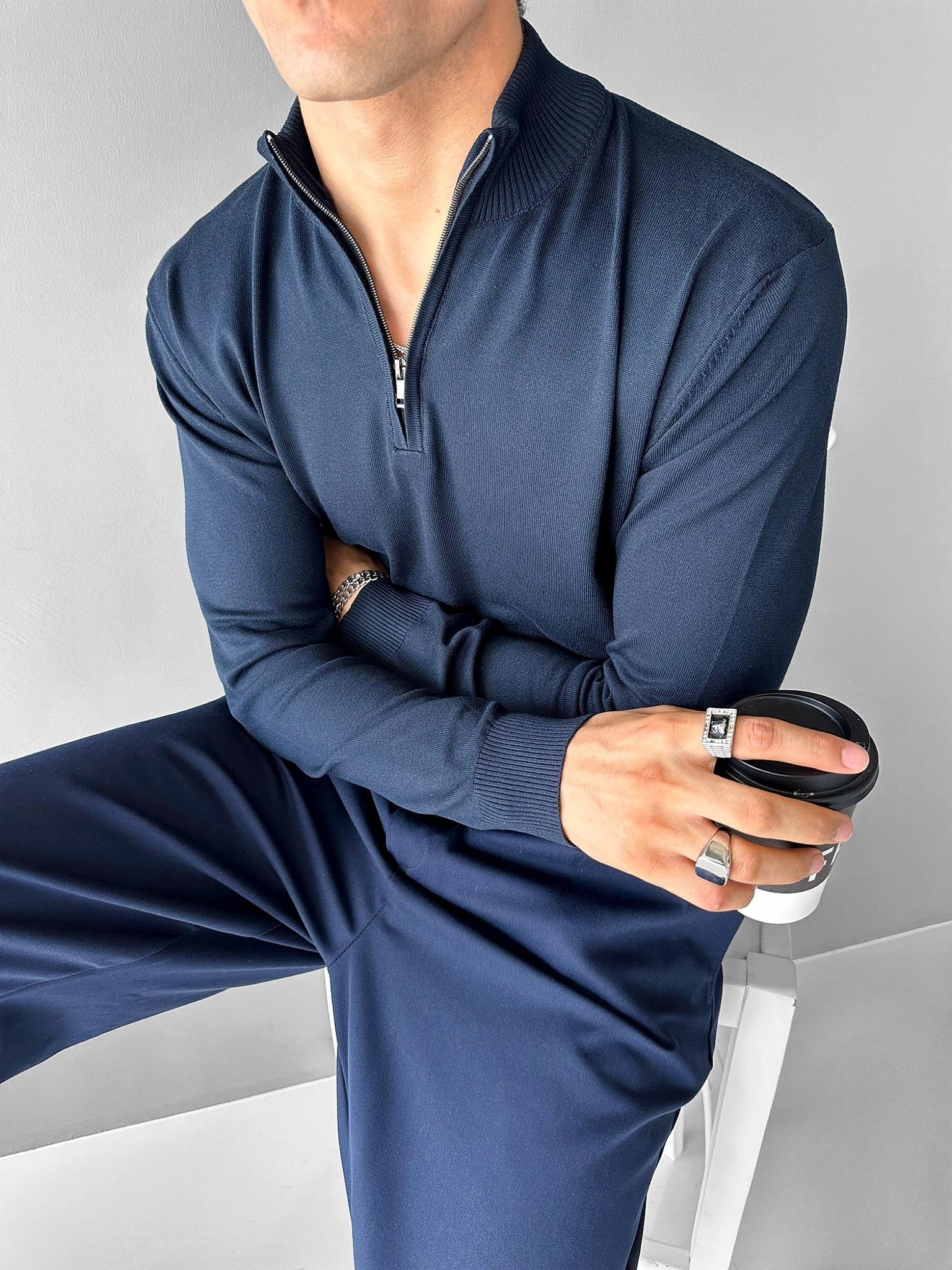 Erkek Yarım Fermuarlı Polo Yaka Kazak Lacivert