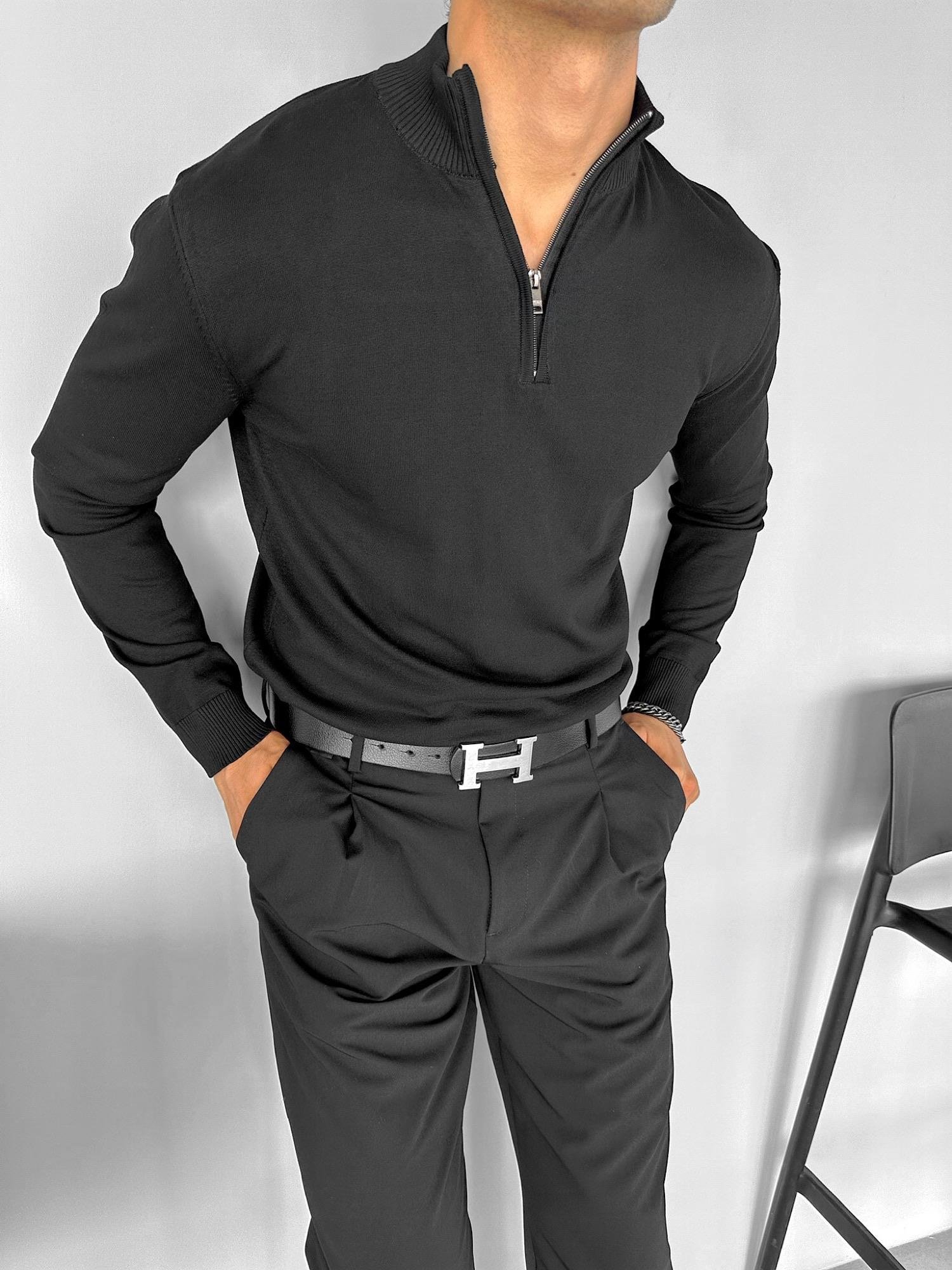 Erkek Yarım Fermuarlı Polo Yaka Kazak Siyah