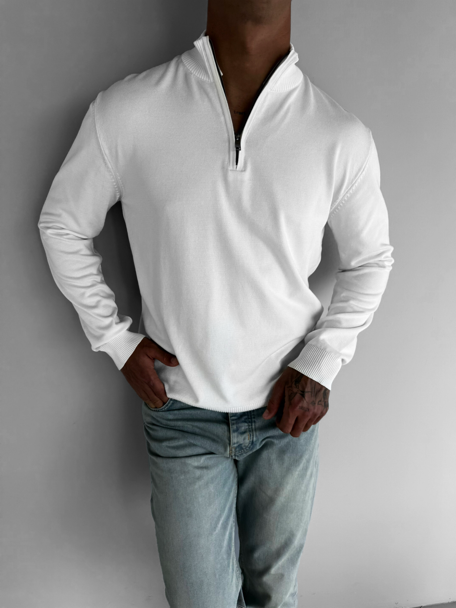 Erkek Yarım Fermuarlı Polo Yaka Kazak Ekru