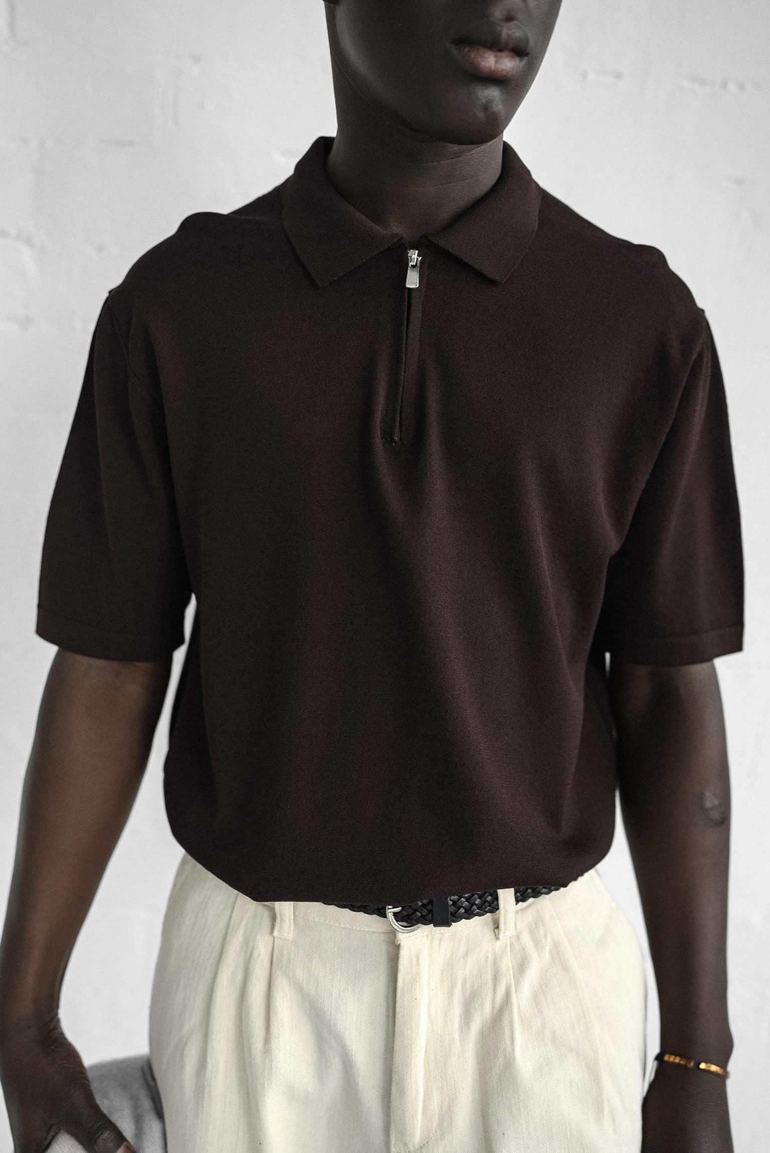 Erkek Yarım Fermuarlı Polo Yaka T-Shirt Kahverengi