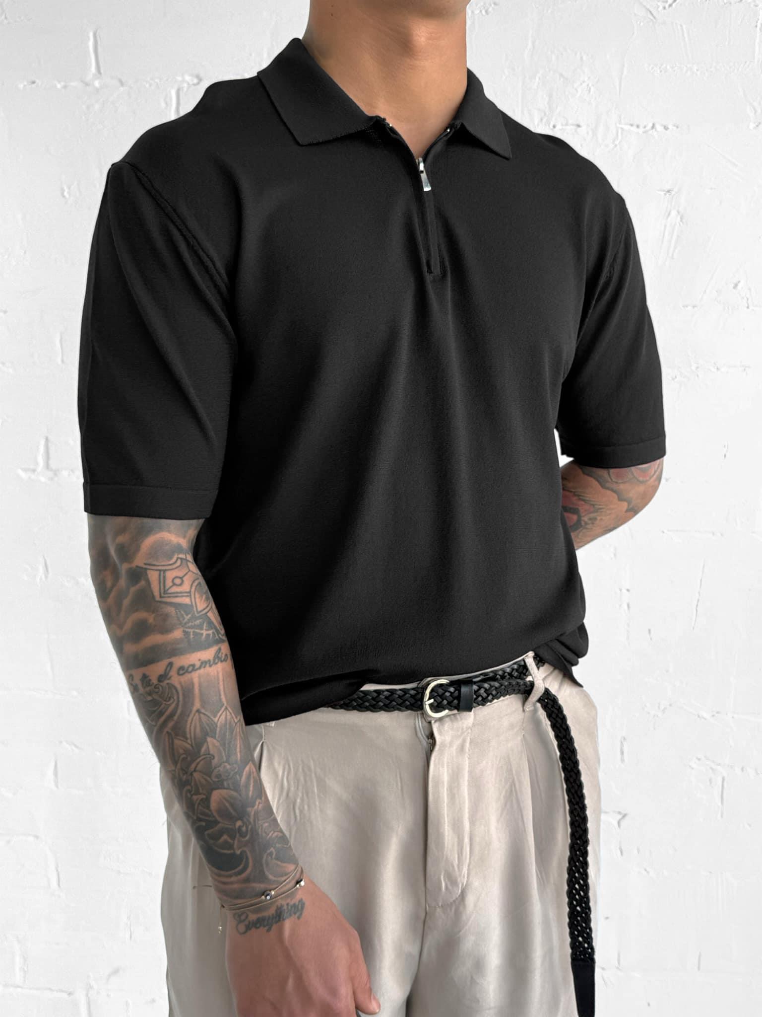 Erkek Yarım Fermuarlı Polo Yaka T-Shirt Siyah