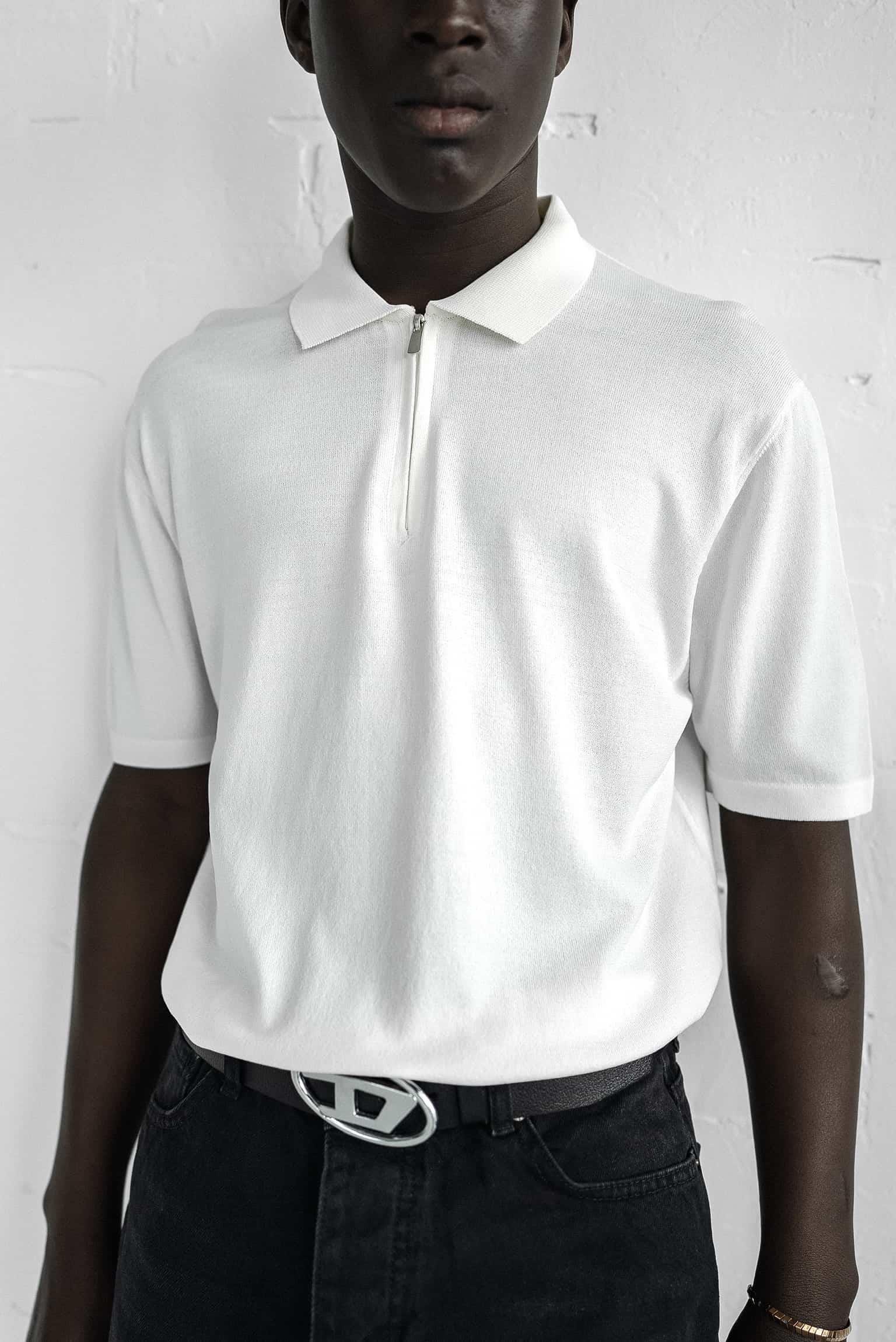 Erkek Yarım Fermuarlı Polo Yaka T-Shirt Beyaz