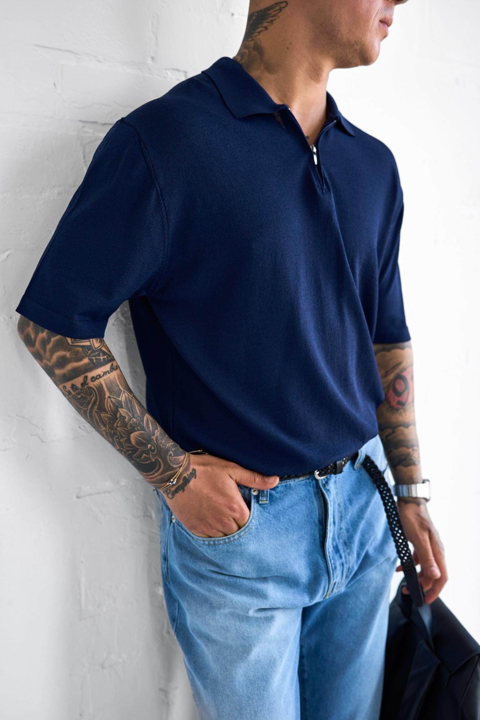 Erkek Yarım Fermuarlı Polo Yaka T-Shirt Lacivert