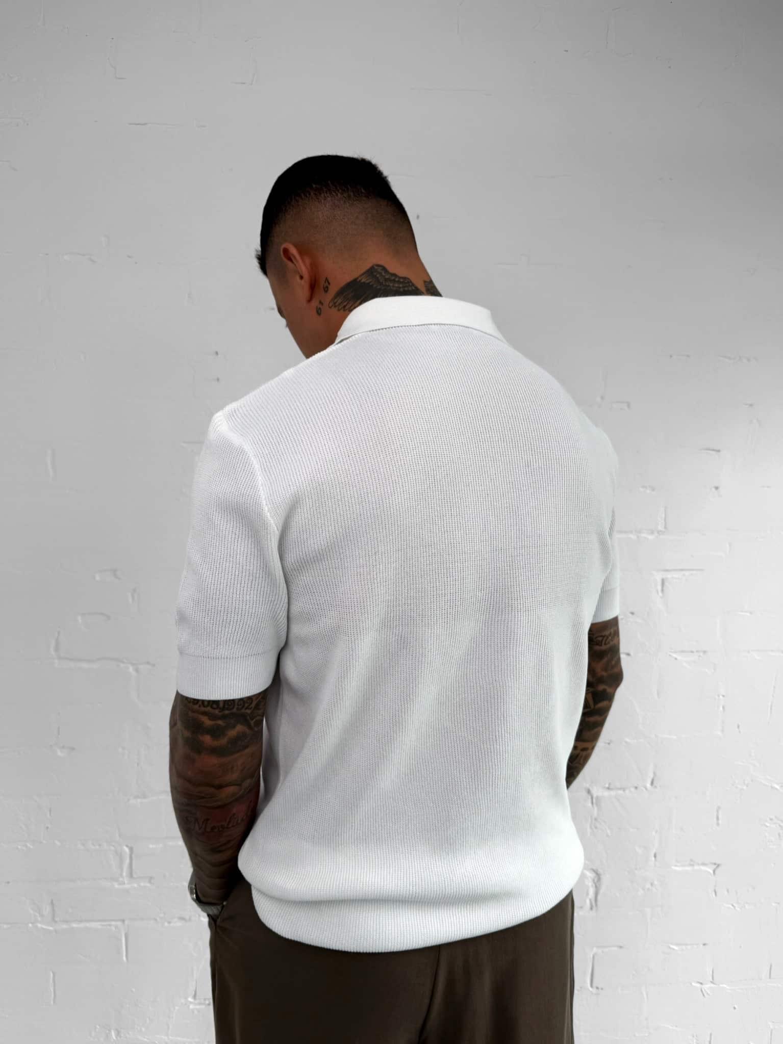 Erkek Yarım Fermuarlı Polo Yaka Triko T-Shirt Beyaz