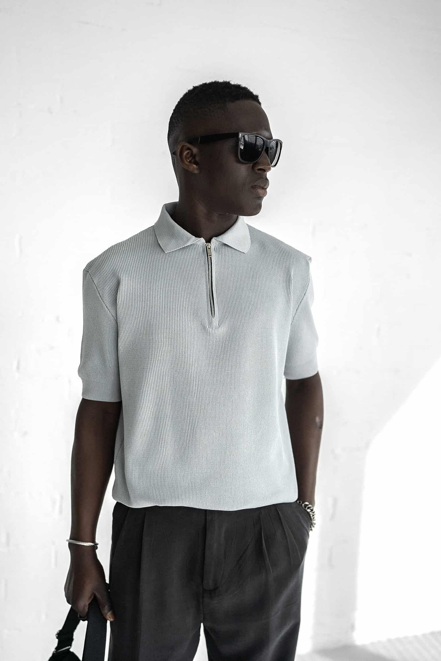 Erkek Yarım Fermuarlı Polo Yaka Triko T-Shirt Gri