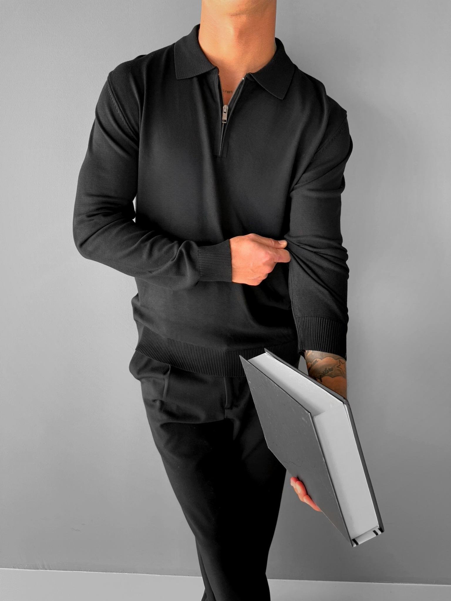 Erkek Yarım Fermuarlı Polo Yaka Triko Kazak Siyah
