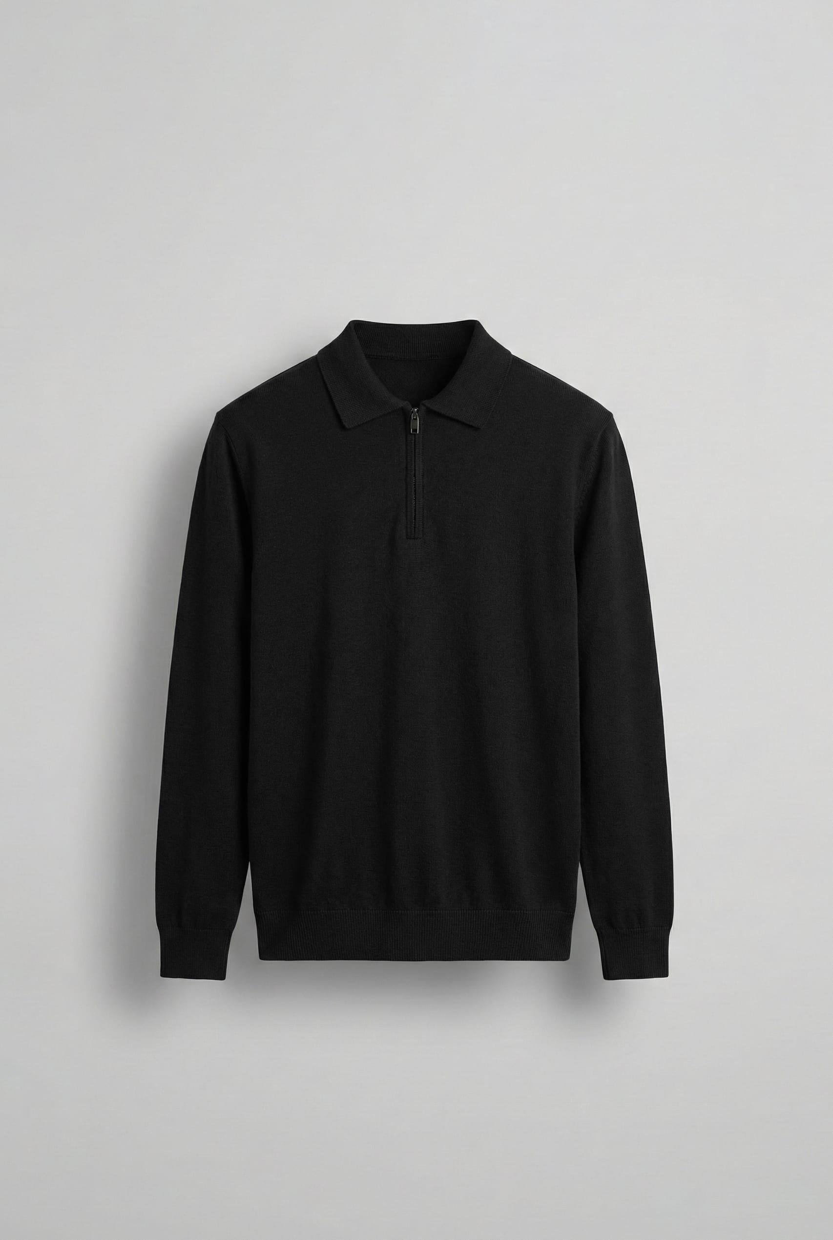 Erkek Yarım Fermuarlı Polo Yaka Triko Kazak Siyah