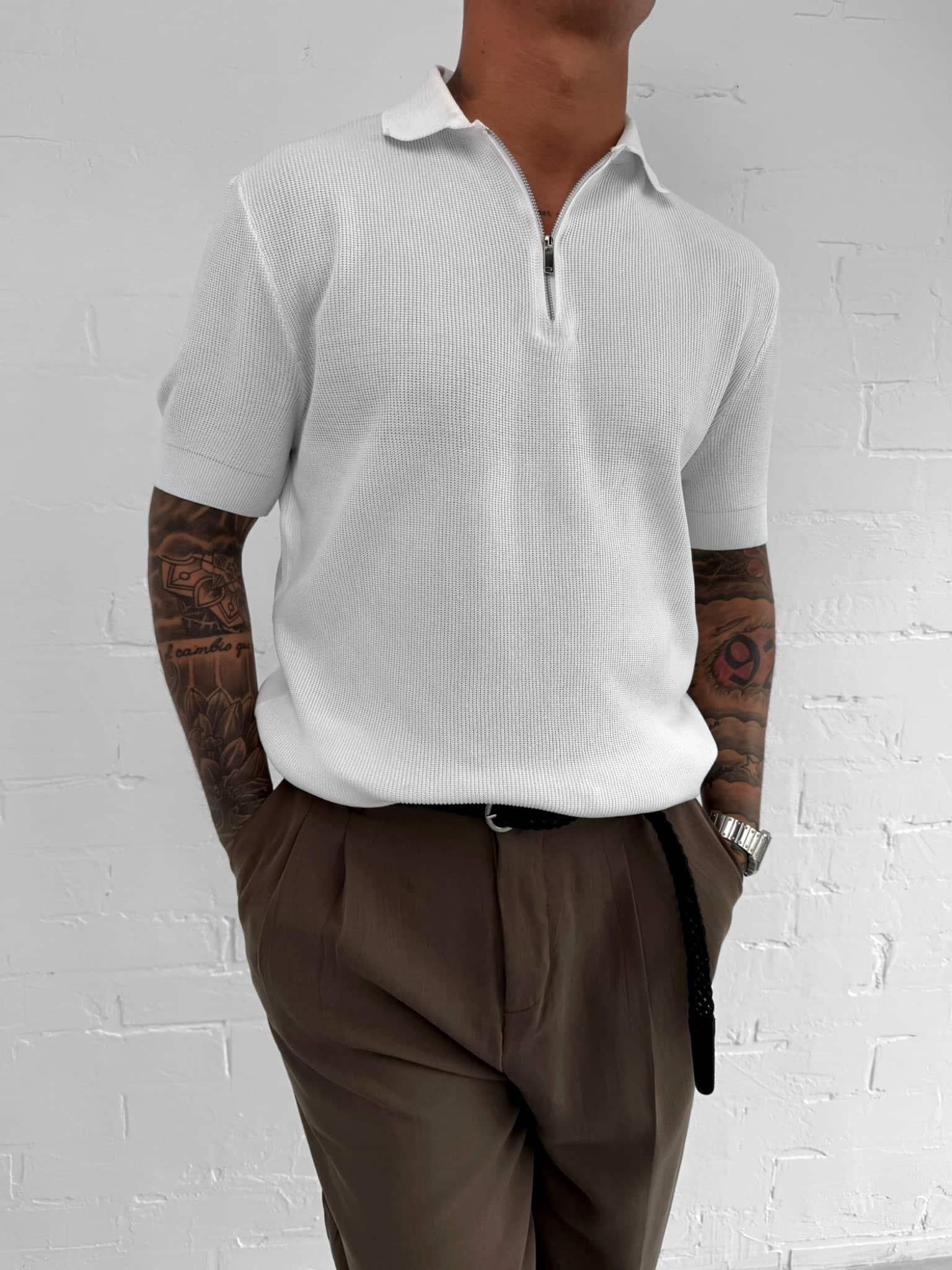 Erkek Yarım Fermuarlı Polo Yaka Triko T-Shirt Beyaz