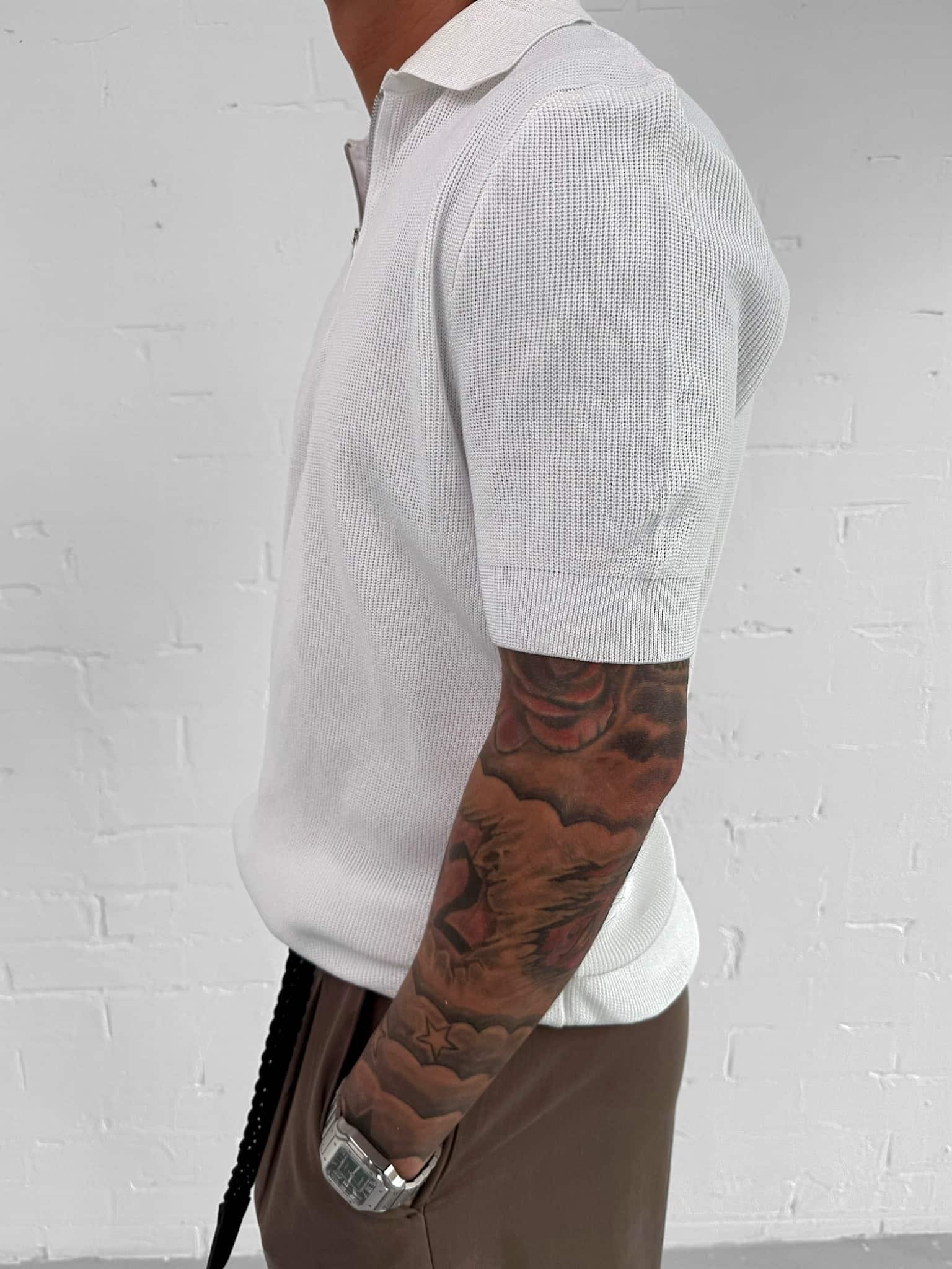 Erkek Yarım Fermuarlı Polo Yaka Triko T-Shirt Beyaz