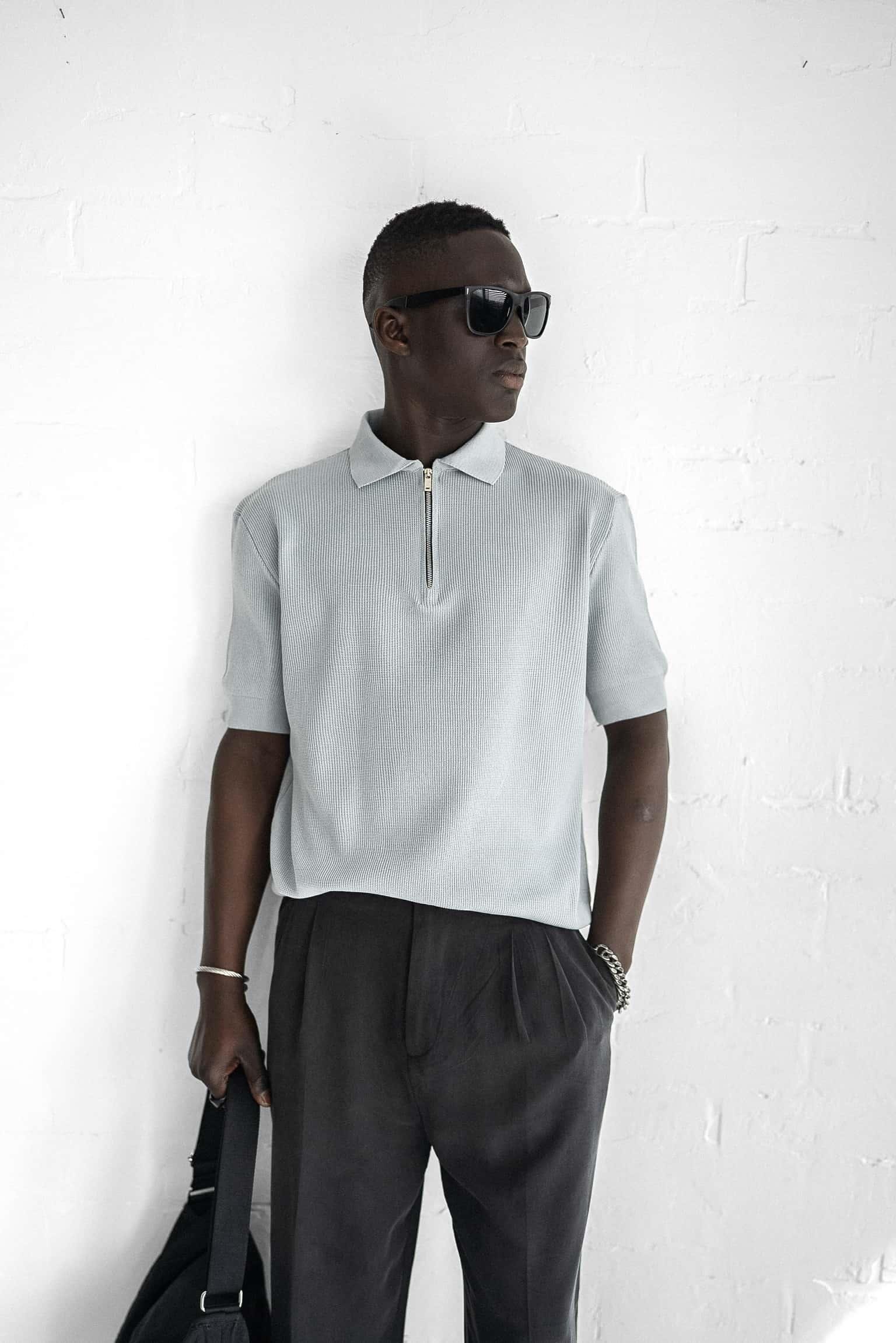 Erkek Yarım Fermuarlı Polo Yaka Triko T-Shirt Gri