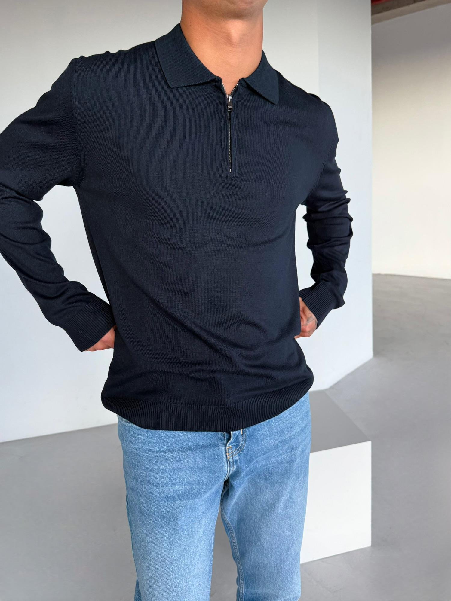 Erkek Yarım Fermuarlı Polo Yaka Triko Kazak Lacivert