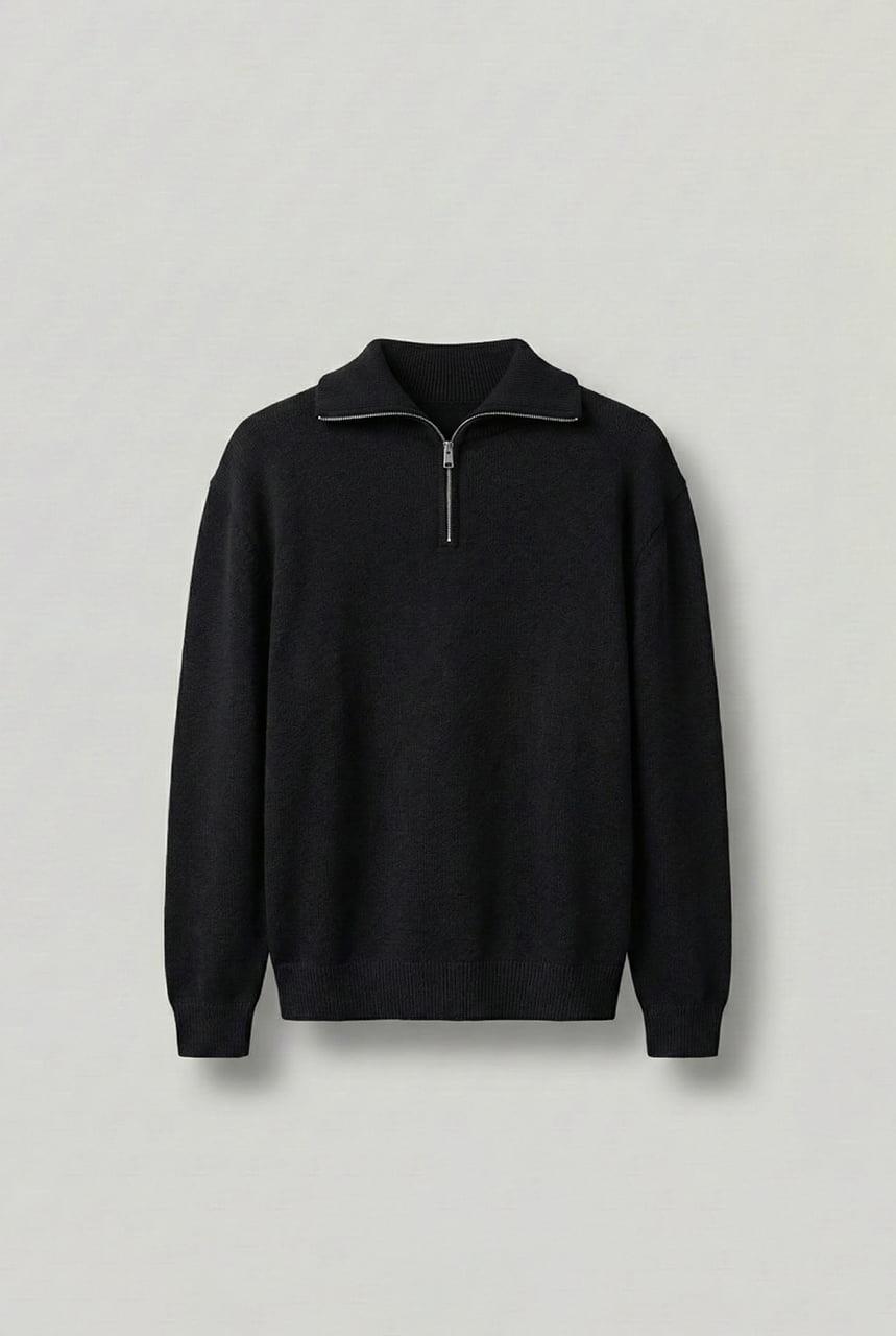 Erkek Yarım Fermuarlı Premium Kumaş Oversize Kazak Siyah