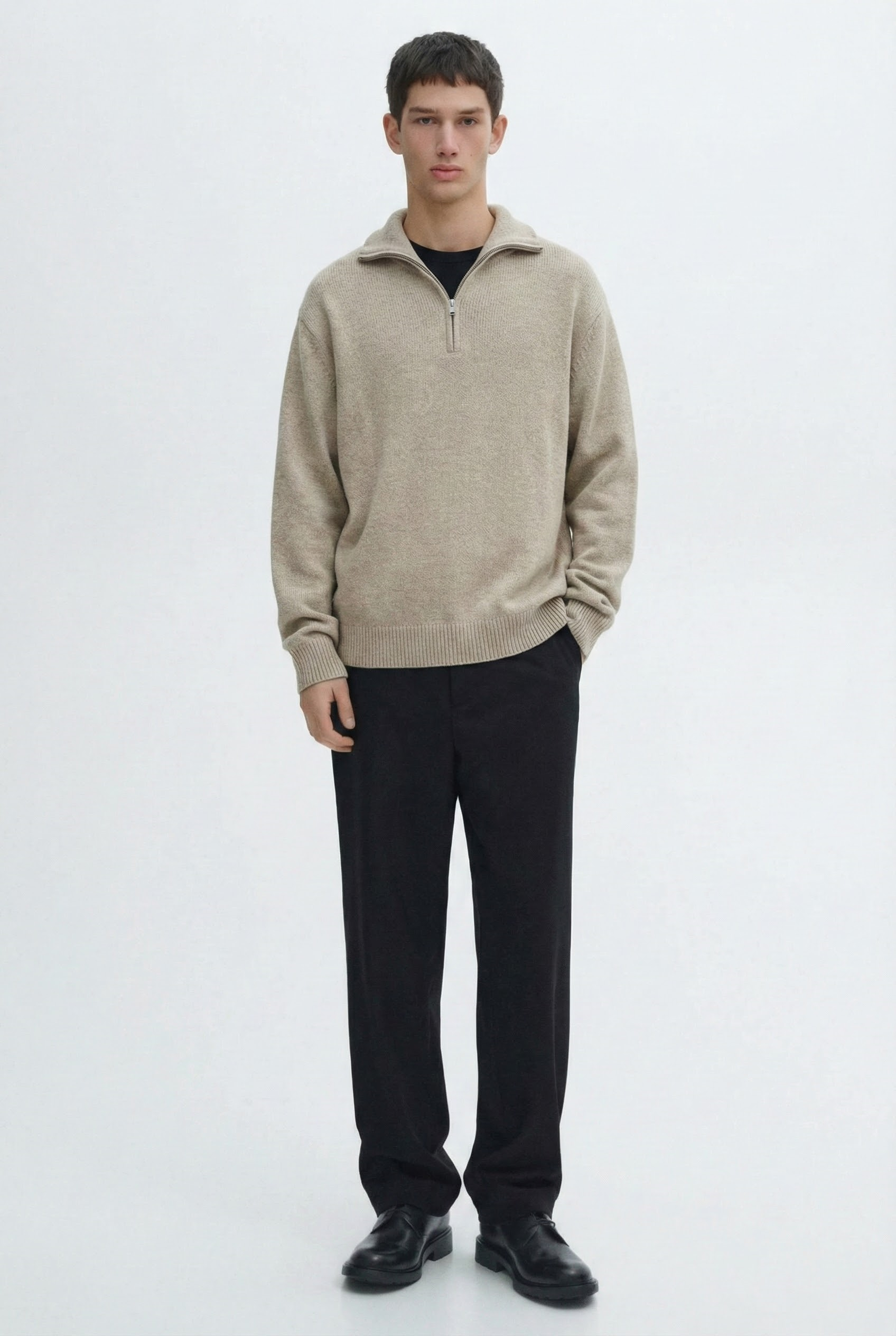 Erkek Yarım Fermuarlı Premium Kumaş Oversize Kazak Bej