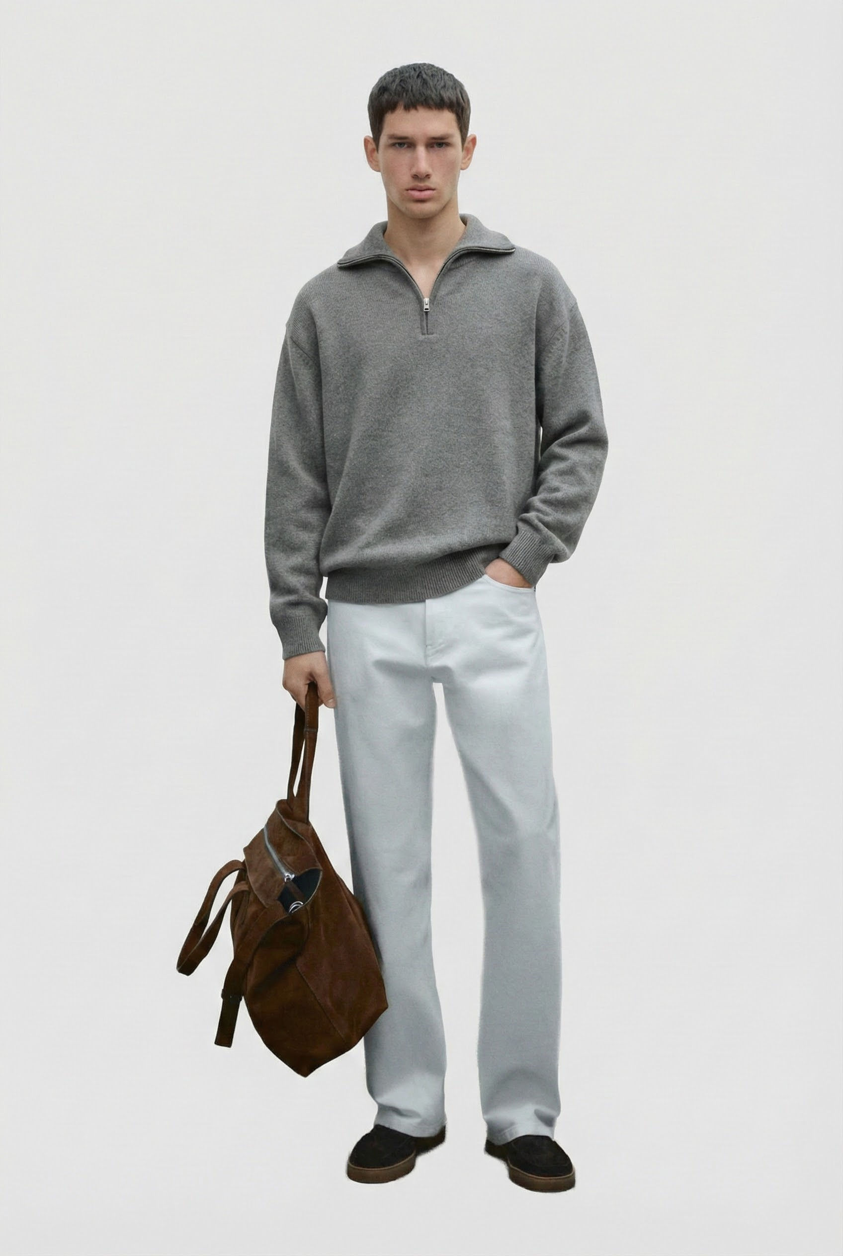 Erkek Yarım Fermuarlı Premium Kumaş Oversize Kazak Füme