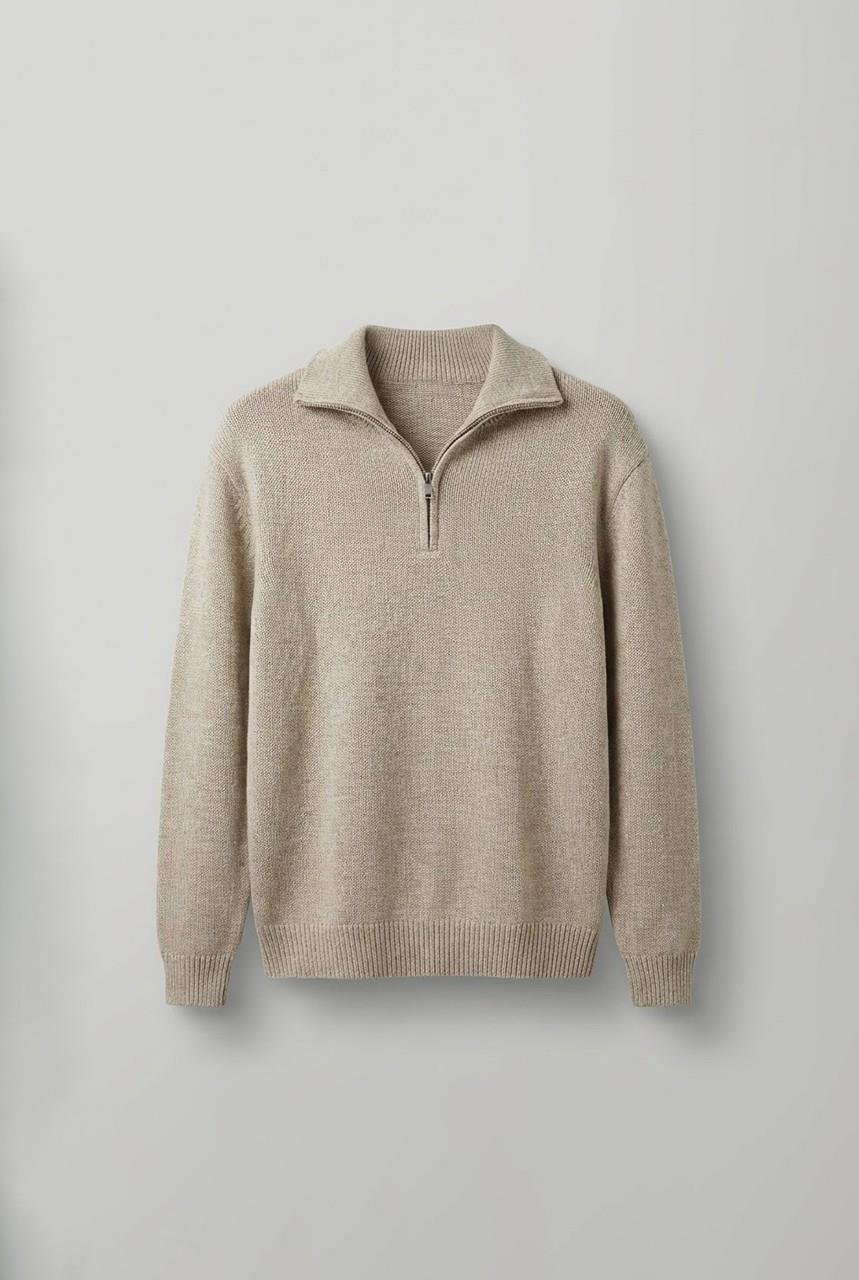 Erkek Yarım Fermuarlı Premium Kumaş Oversize Kazak Bej