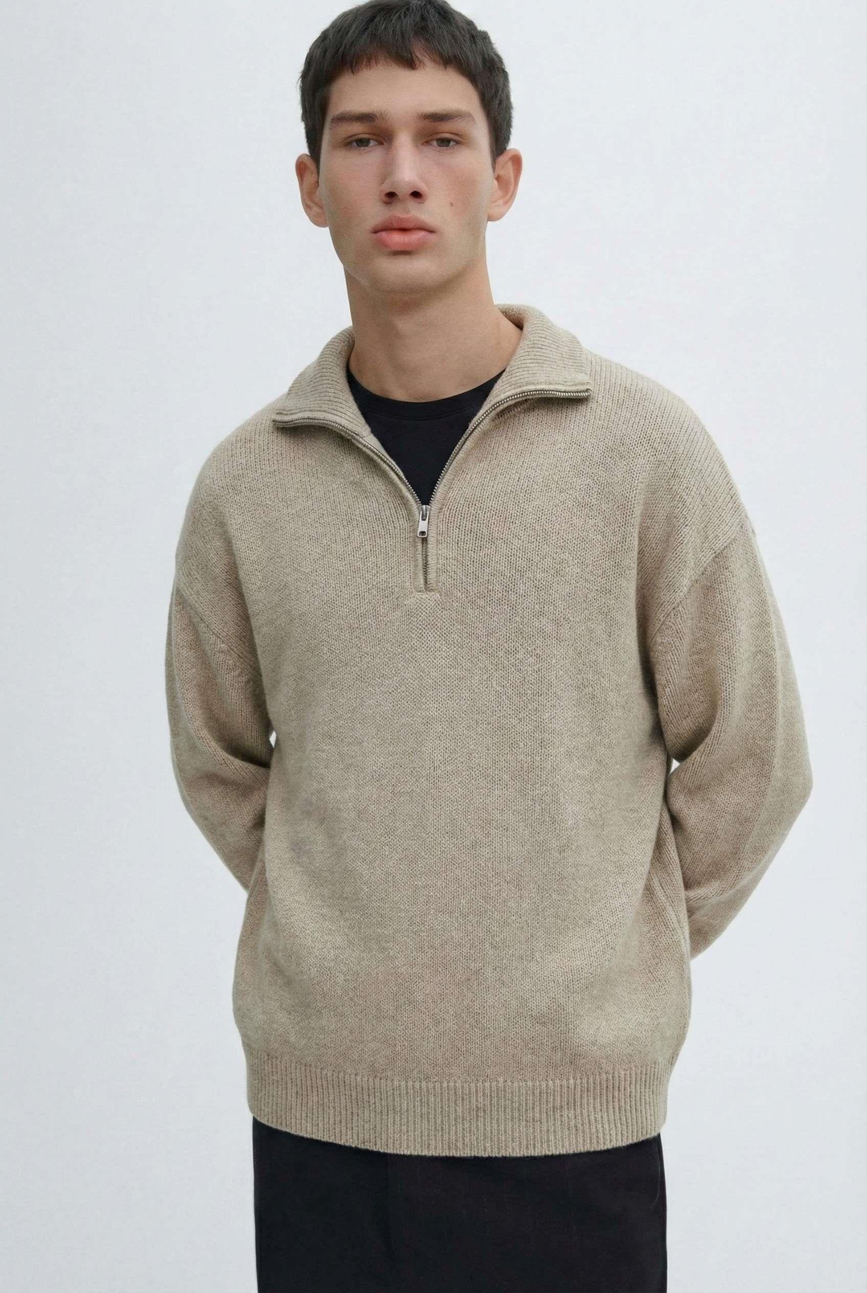 Erkek Yarım Fermuarlı Premium Kumaş Oversize Kazak Bej