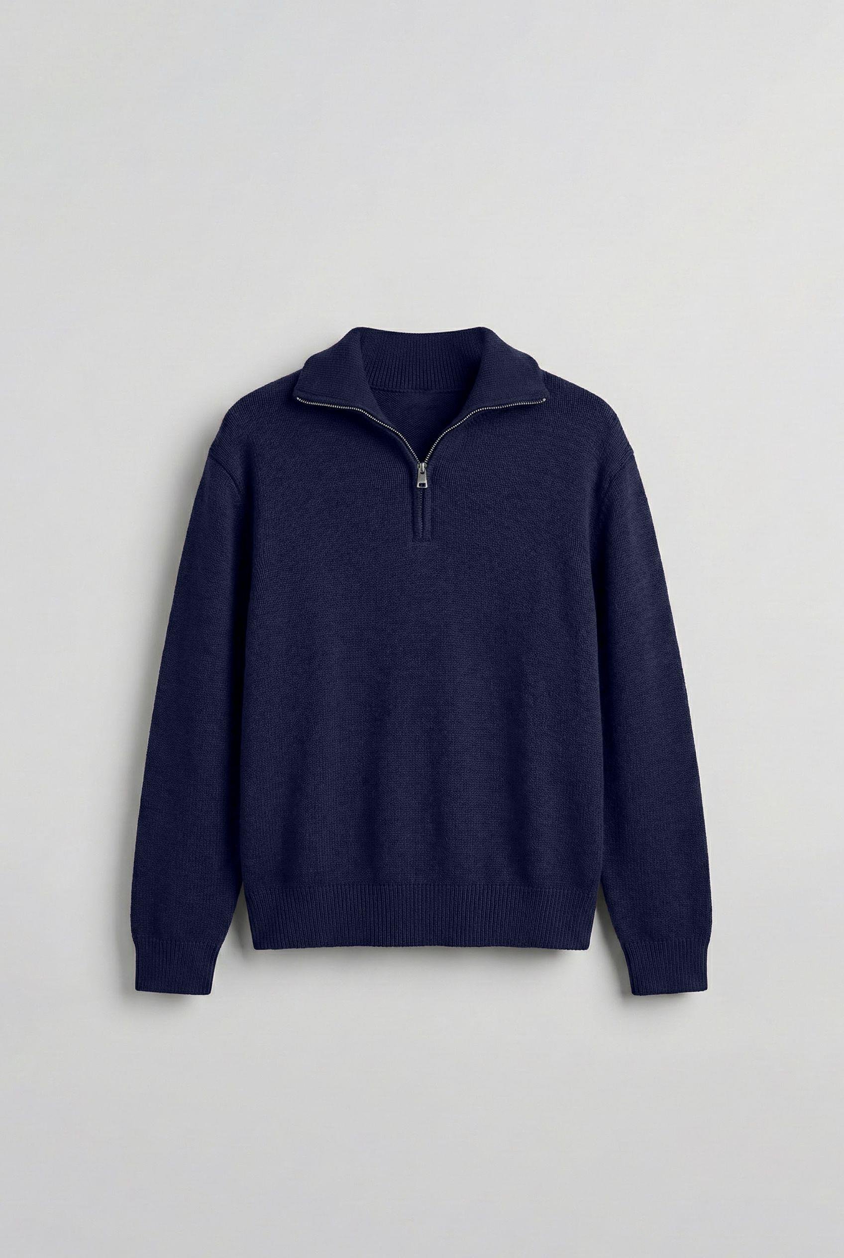 Erkek Yarım Fermuarlı Premium Kumaş Oversize Kazak Lacivert