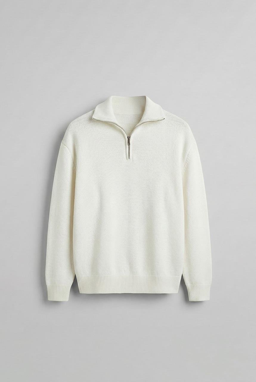 Erkek Yarım Fermuarlı Premium Kumaş Oversize Kazak Ekru