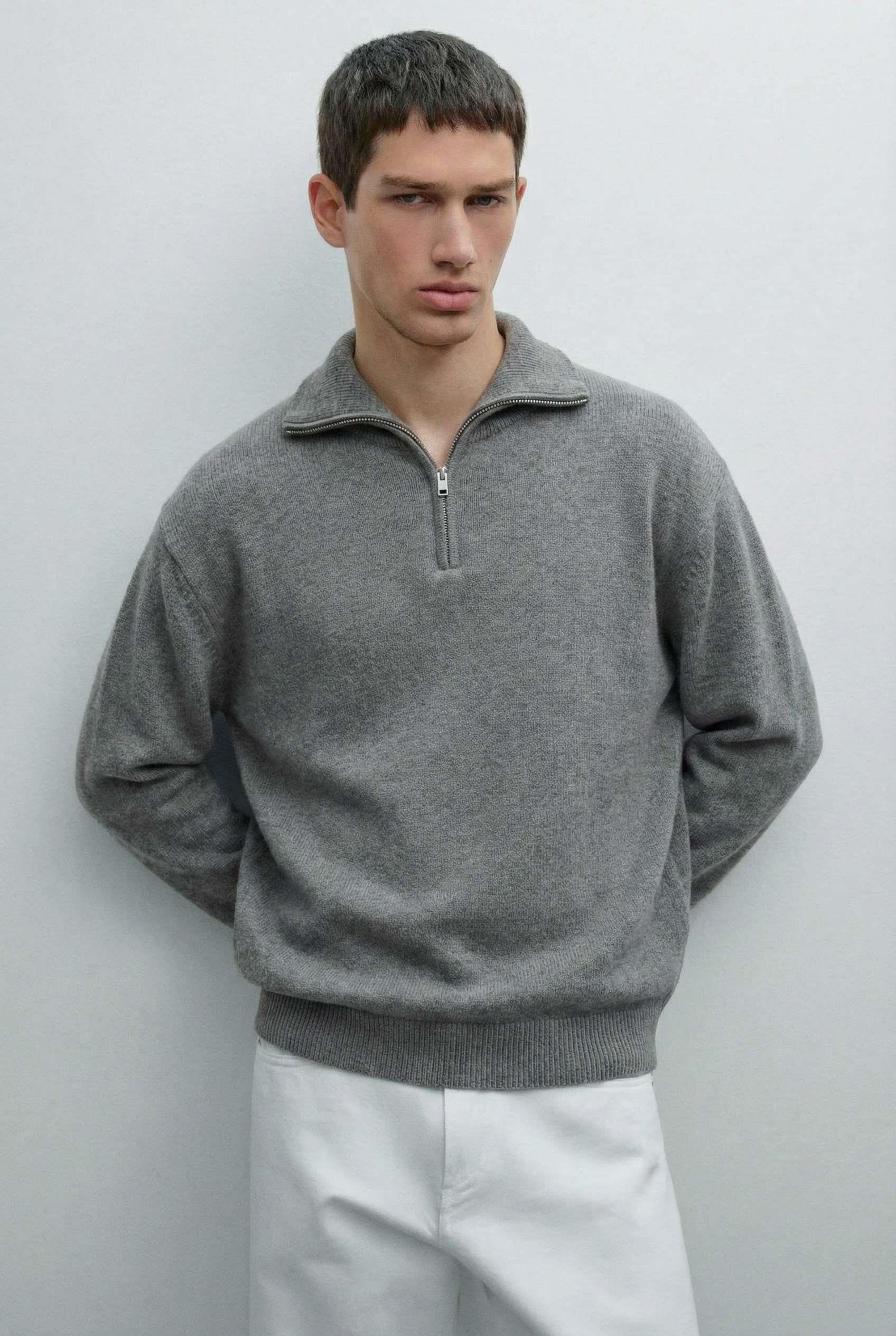 Erkek Yarım Fermuarlı Premium Kumaş Oversize Kazak Füme