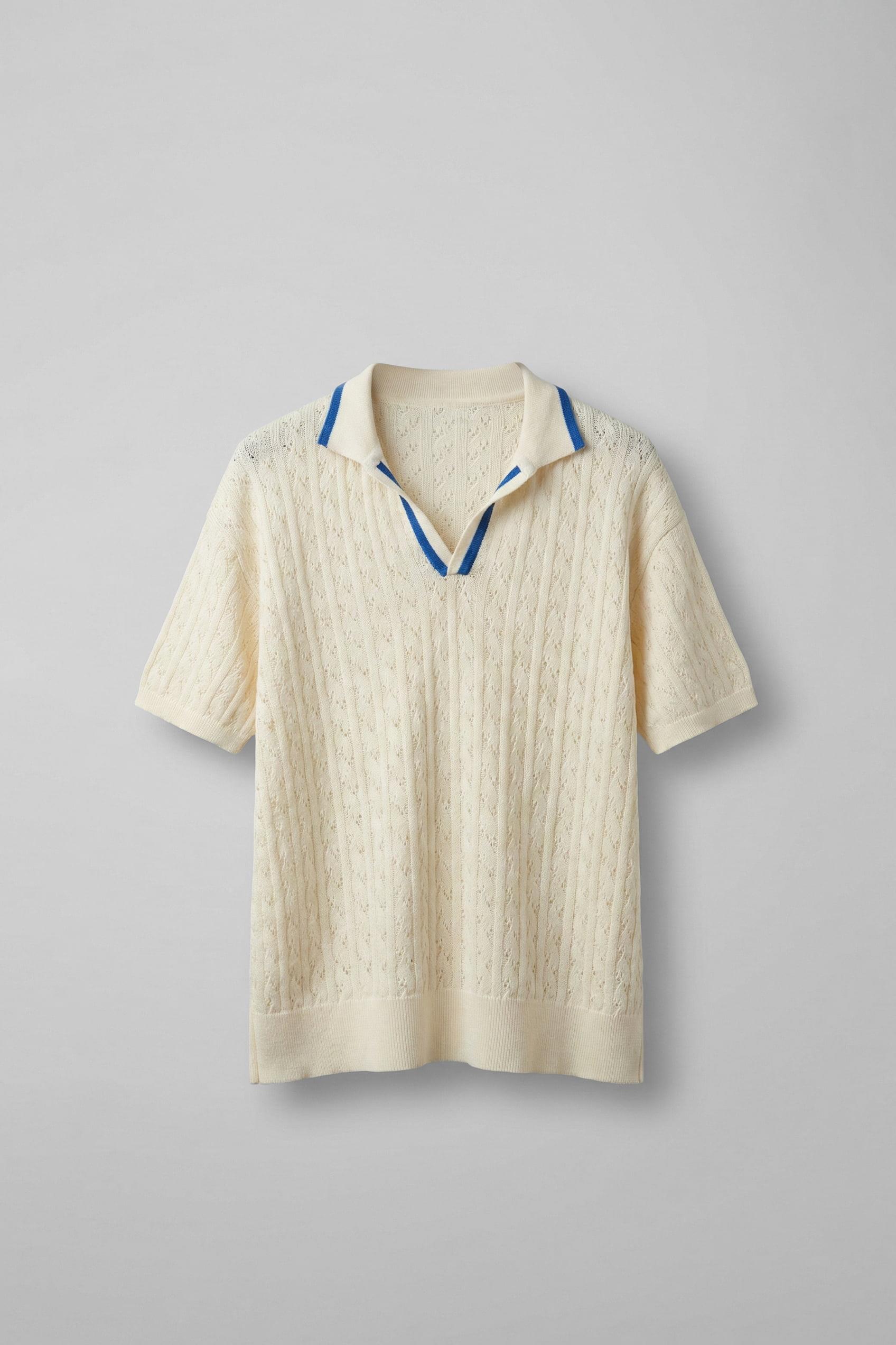 Erkek Yarım Pat V Yaka Desenli Triko T-Shirt Krem Mavi