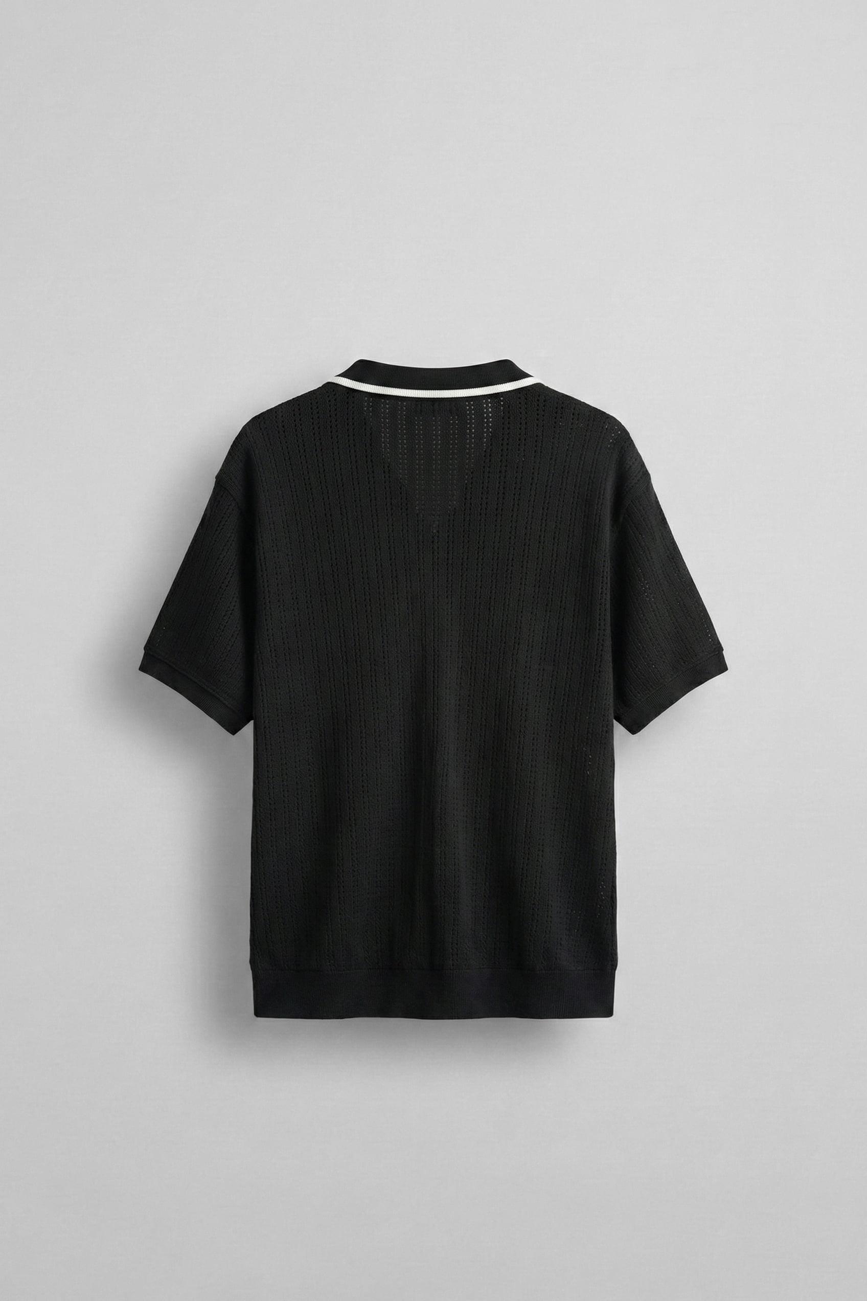 Erkek Yarım Pat V Yaka Desenli Triko T-Shirt Siyah Beyaz