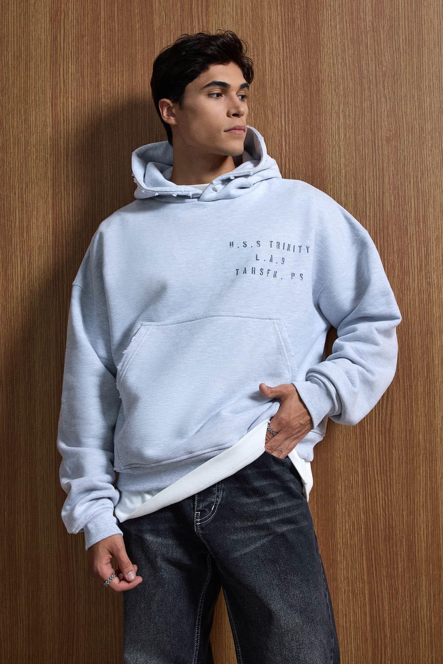 Erkek Yazı Baskılı Gramajlı Urban Hoodie Gri