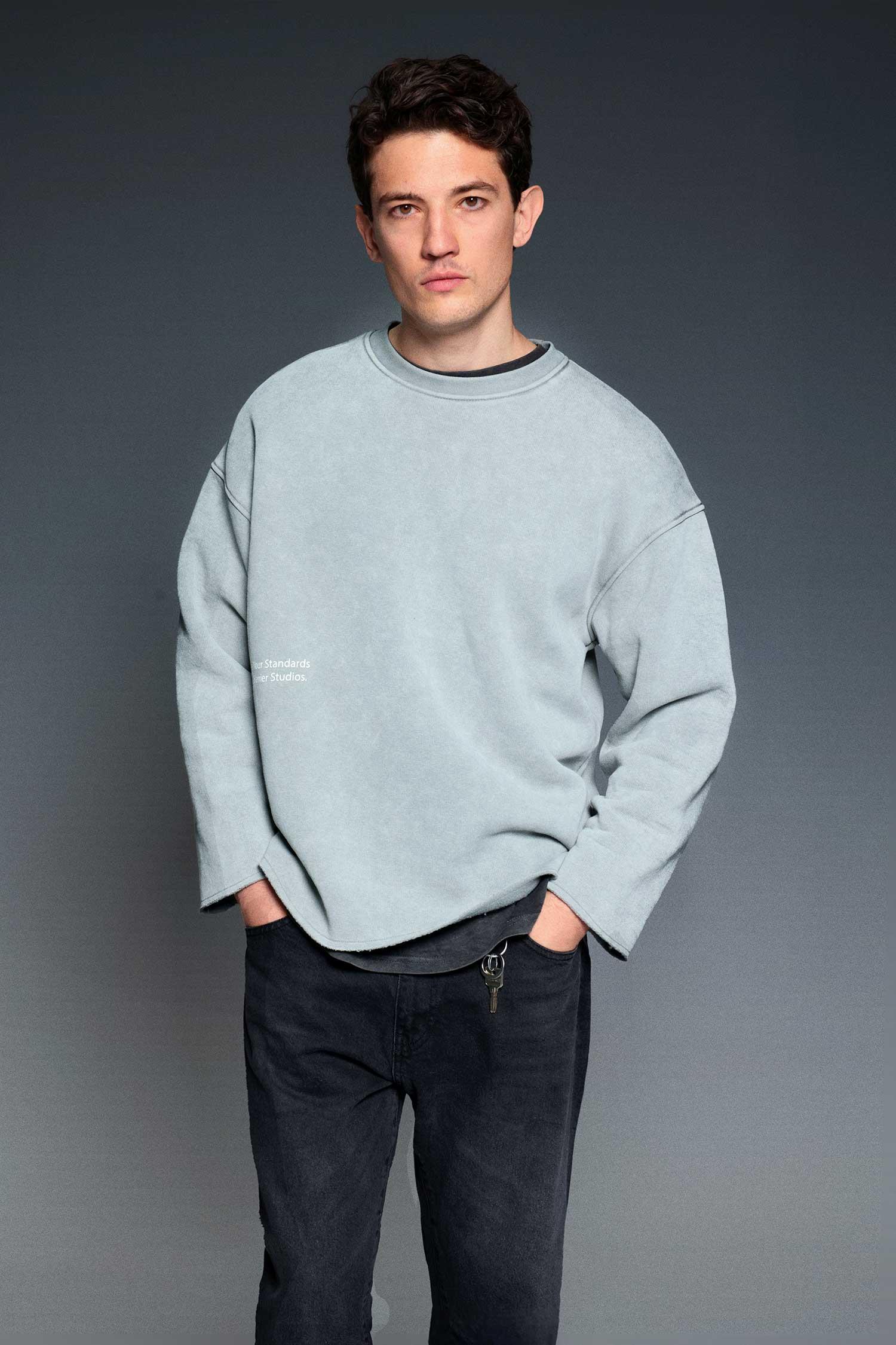 Erkek Yazı Baskılı Oversize Sweatshirt Gri