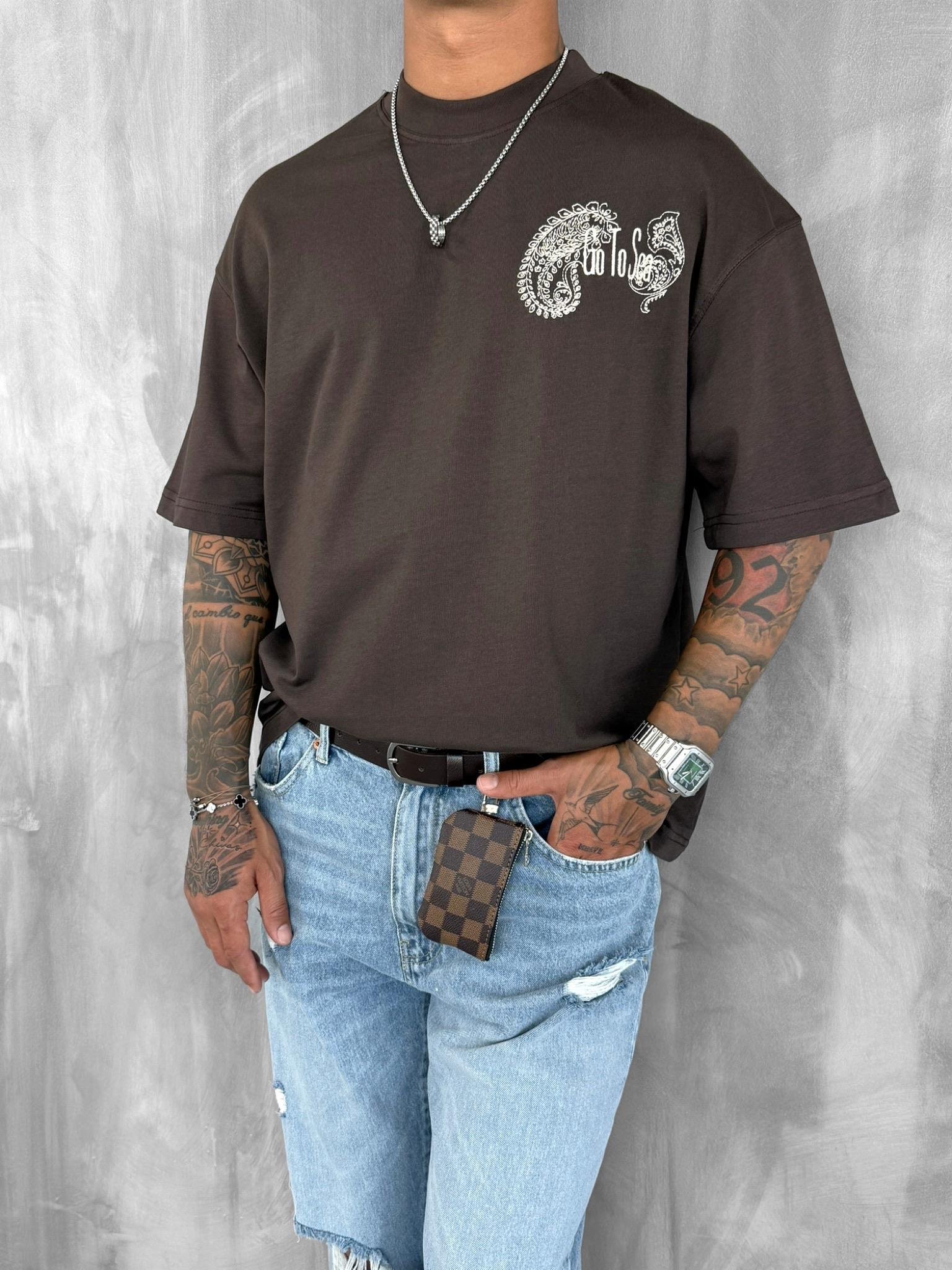 Erkek Yelken Desenli Nakışlı Oversize T-Shirt Kahve