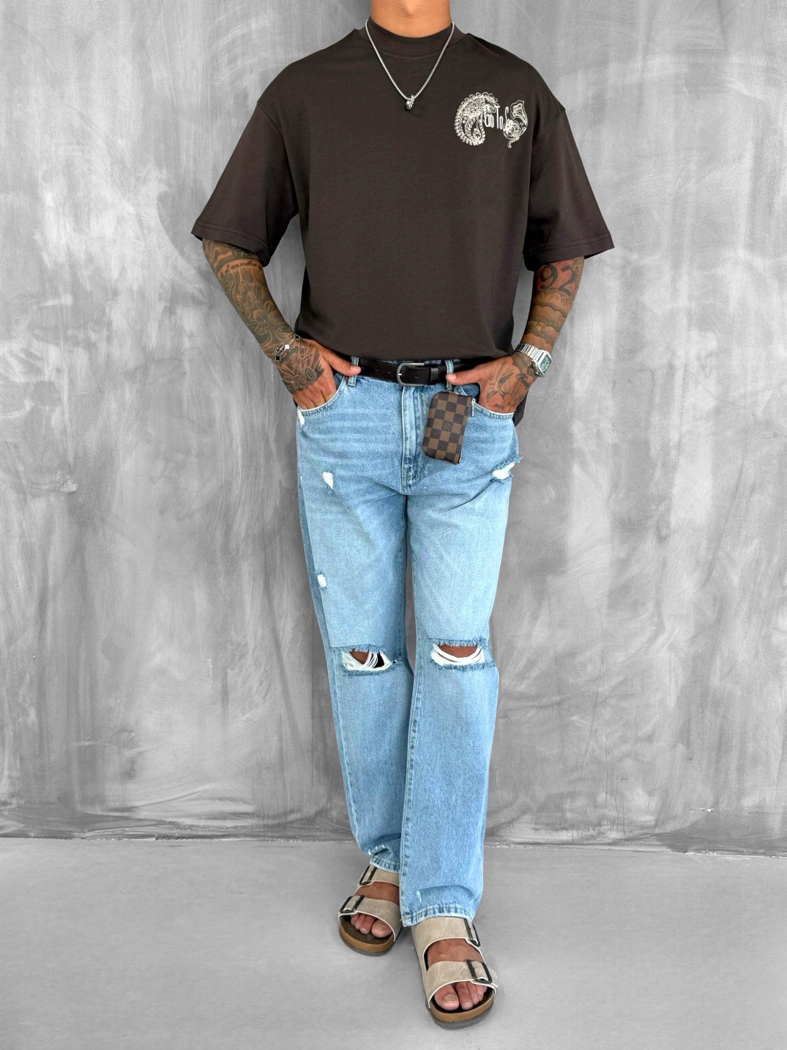 Erkek Yelken Desenli Nakışlı Oversize T-Shirt Kahve