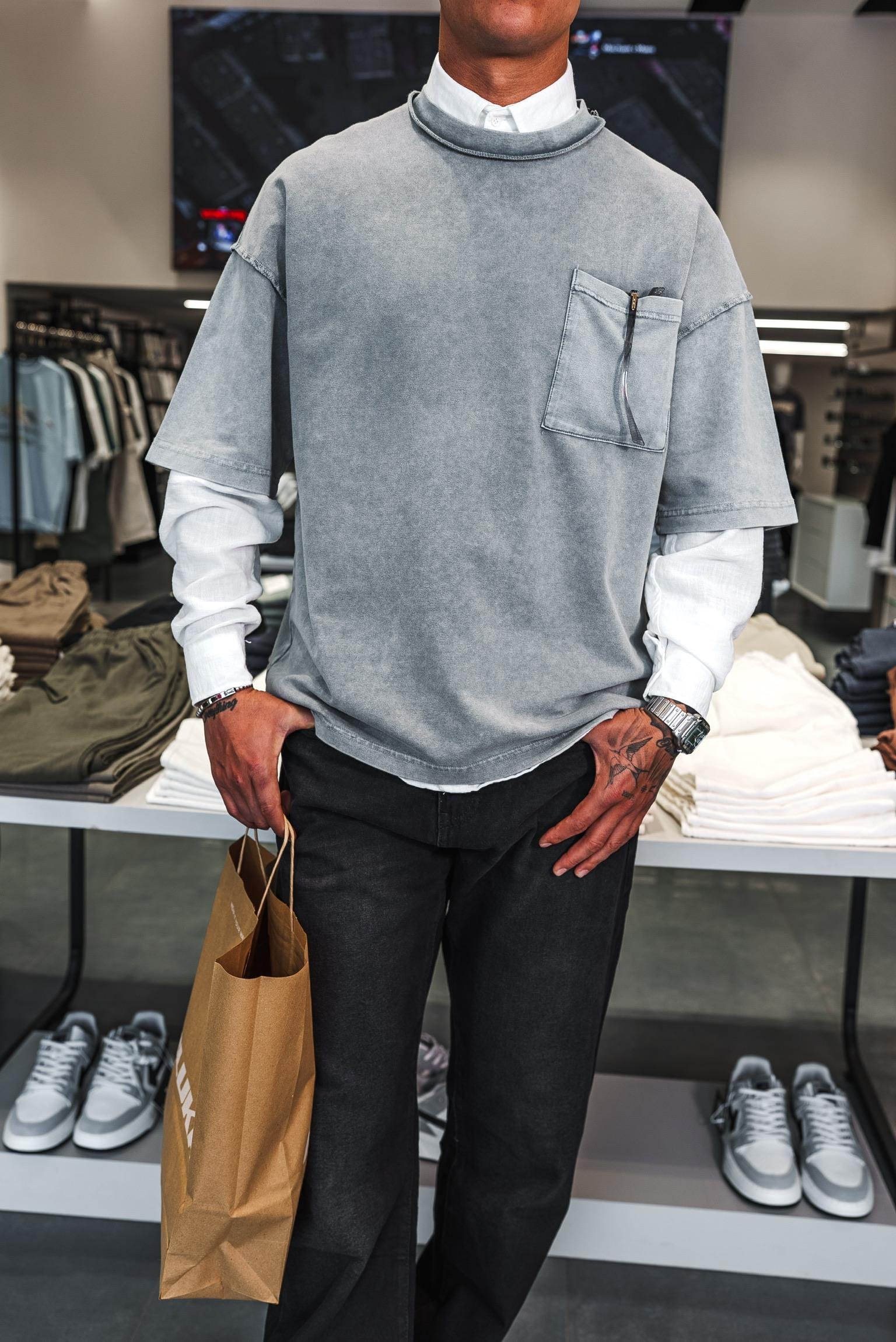 Erkek Yıkamalı Dikiş Detaylı Oversize T-Shirt Gri