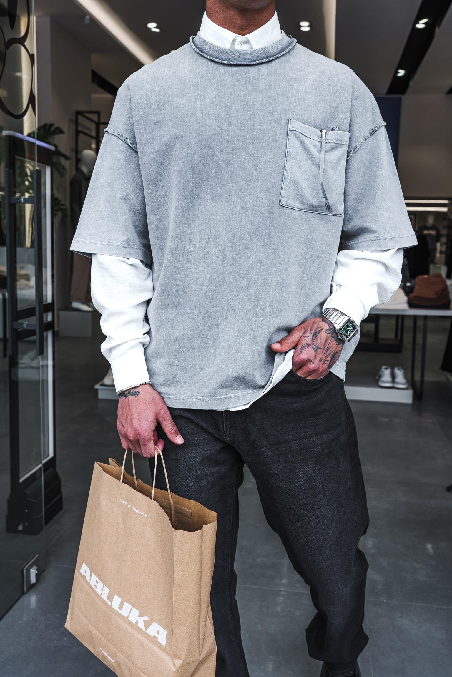 Erkek Yıkamalı Dikiş Detaylı Oversize T-Shirt Gri