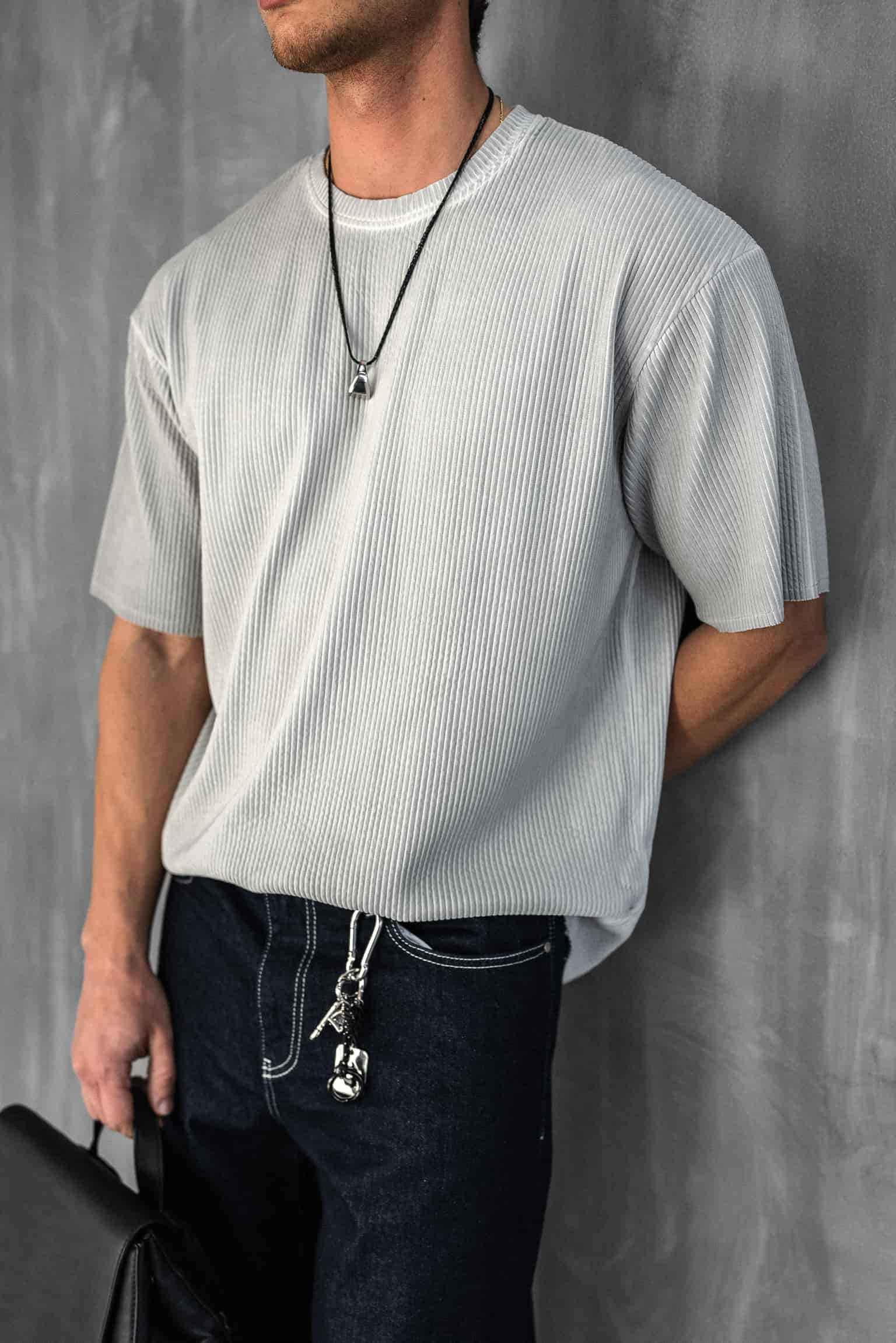 Erkek Yıkamalı Fitilli Oversize T-Shirt Gri