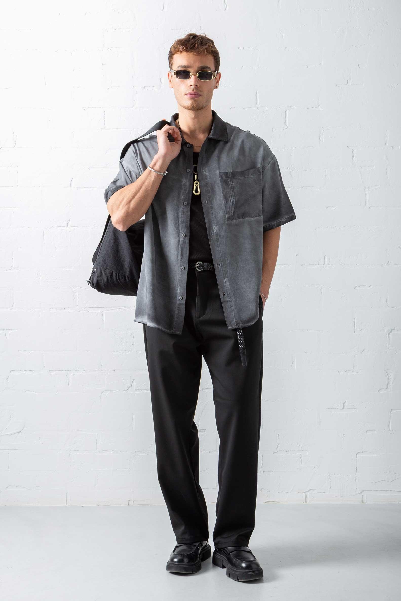 Erkek Yıkamalı Kısa Kollu Oversize Tensel Gömlek Siyah