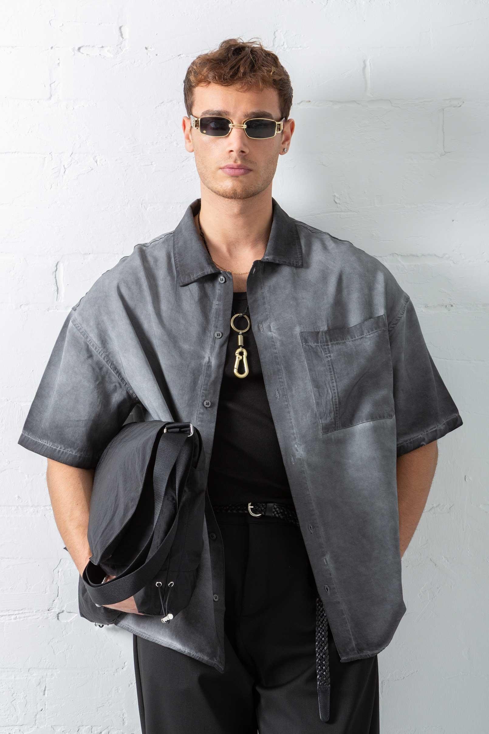 Erkek Yıkamalı Kısa Kollu Oversize Tensel Gömlek Siyah