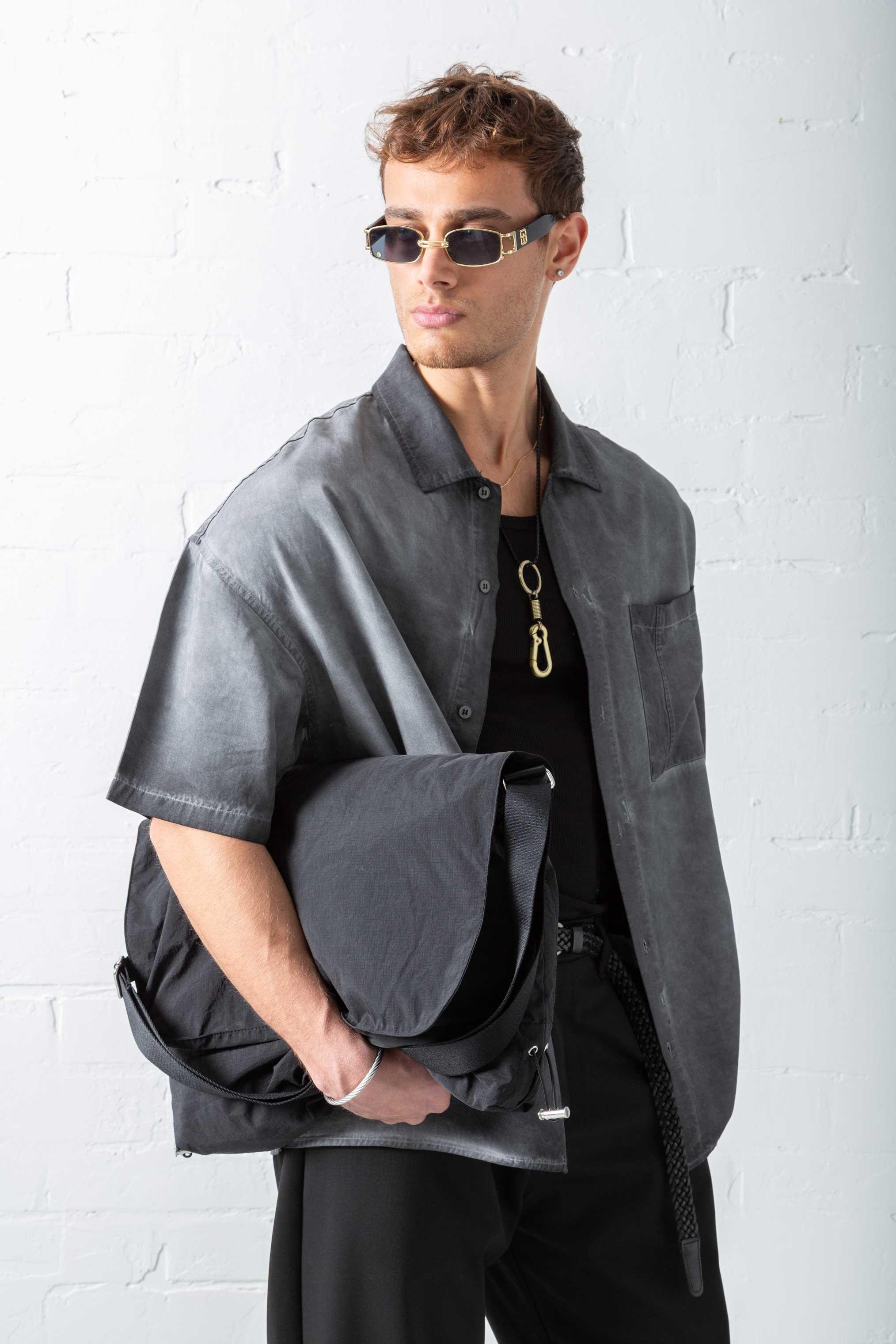 Erkek Yıkamalı Kısa Kollu Oversize Tensel Gömlek Siyah