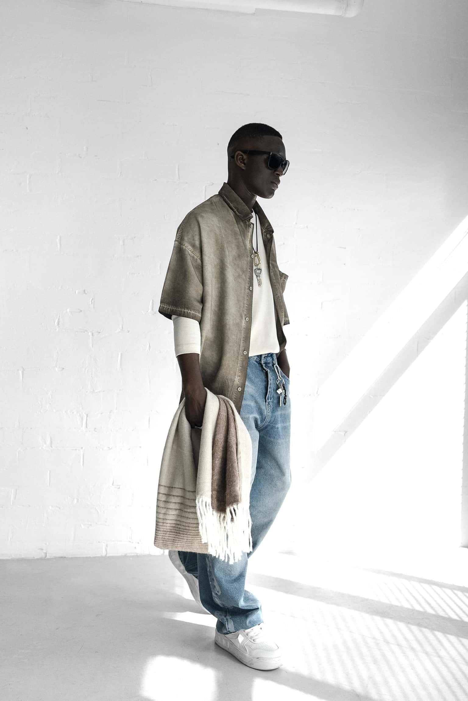 Erkek Yıkamalı Kısa Kollu Oversize Tensel Gömlek Kahverengi