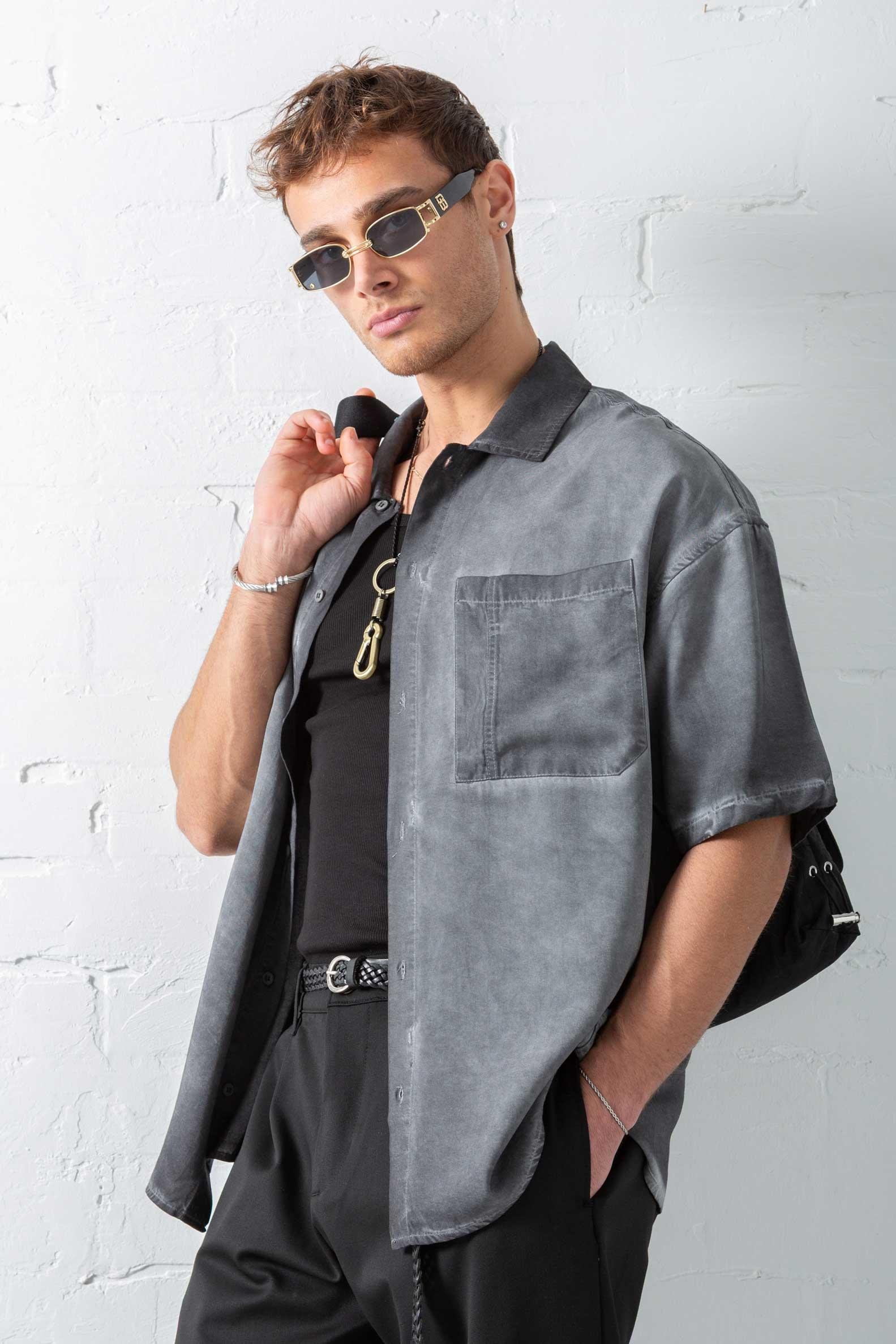 Erkek Yıkamalı Kısa Kollu Oversize Tensel Gömlek Siyah