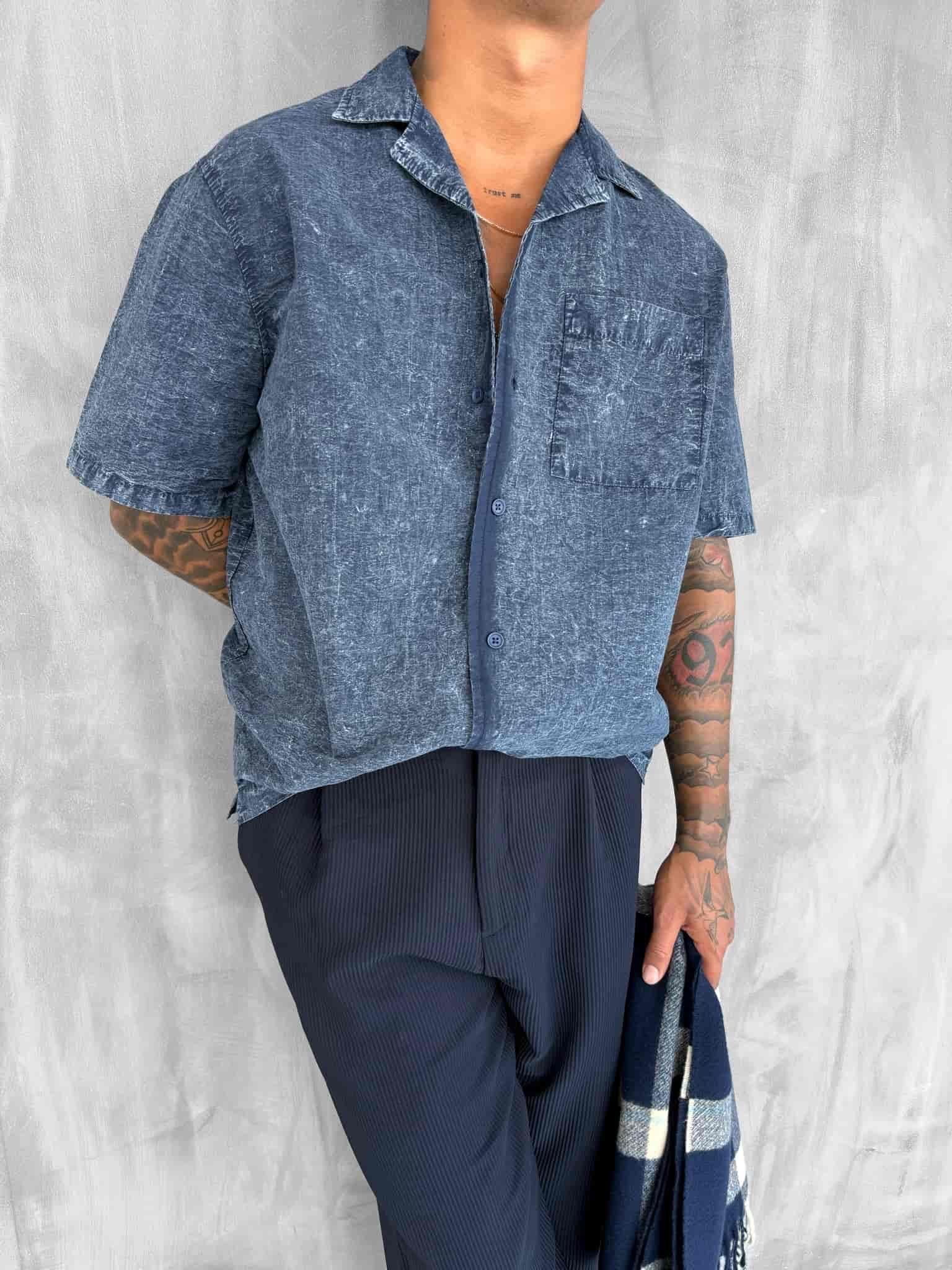 Erkek Yıkamalı Küba Yaka Oversize Kısa Kollu Gömlek Lacivert