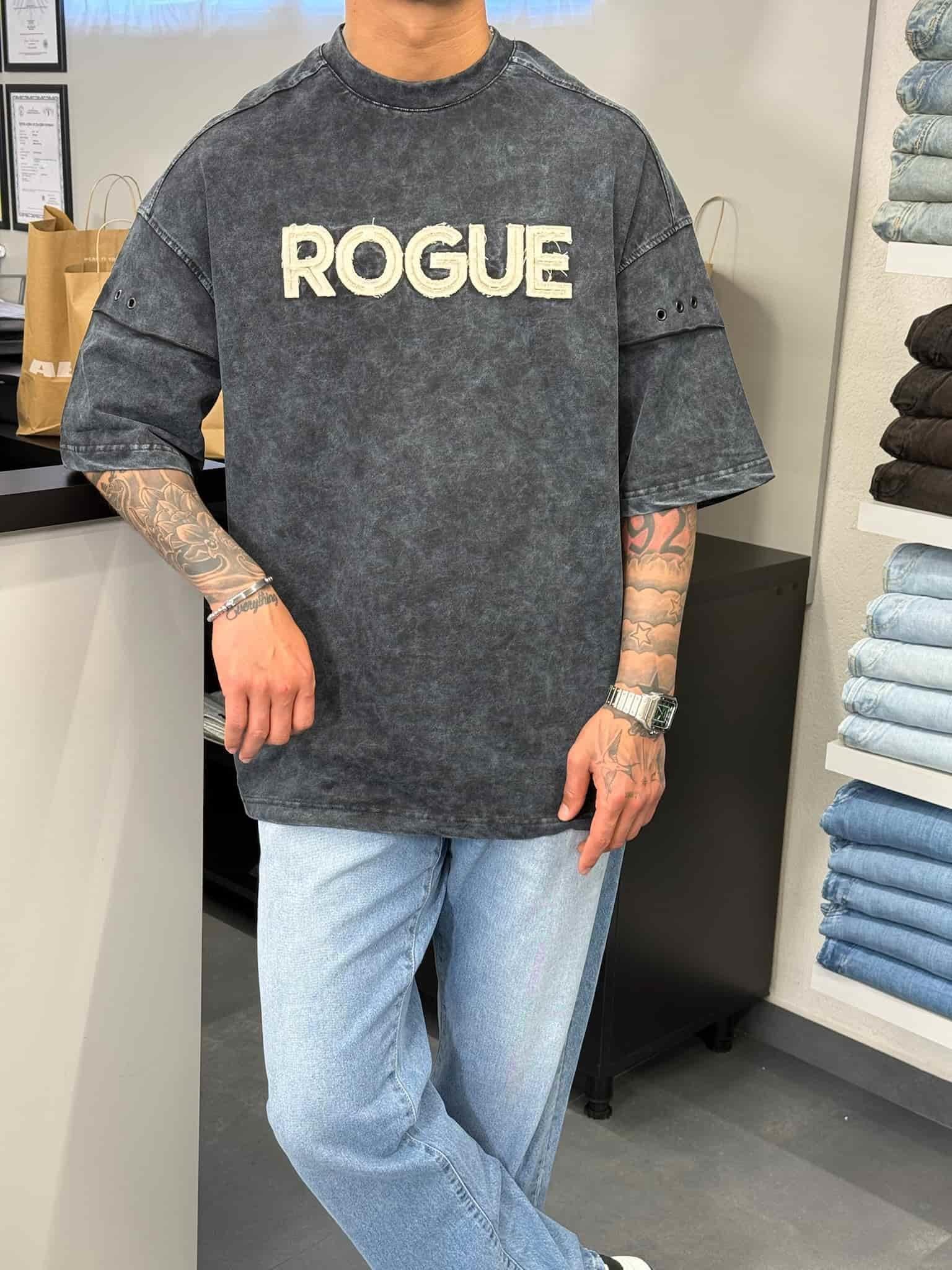 Erkek Yıkamalı Nakışlı Oversize T-Shirt Füme