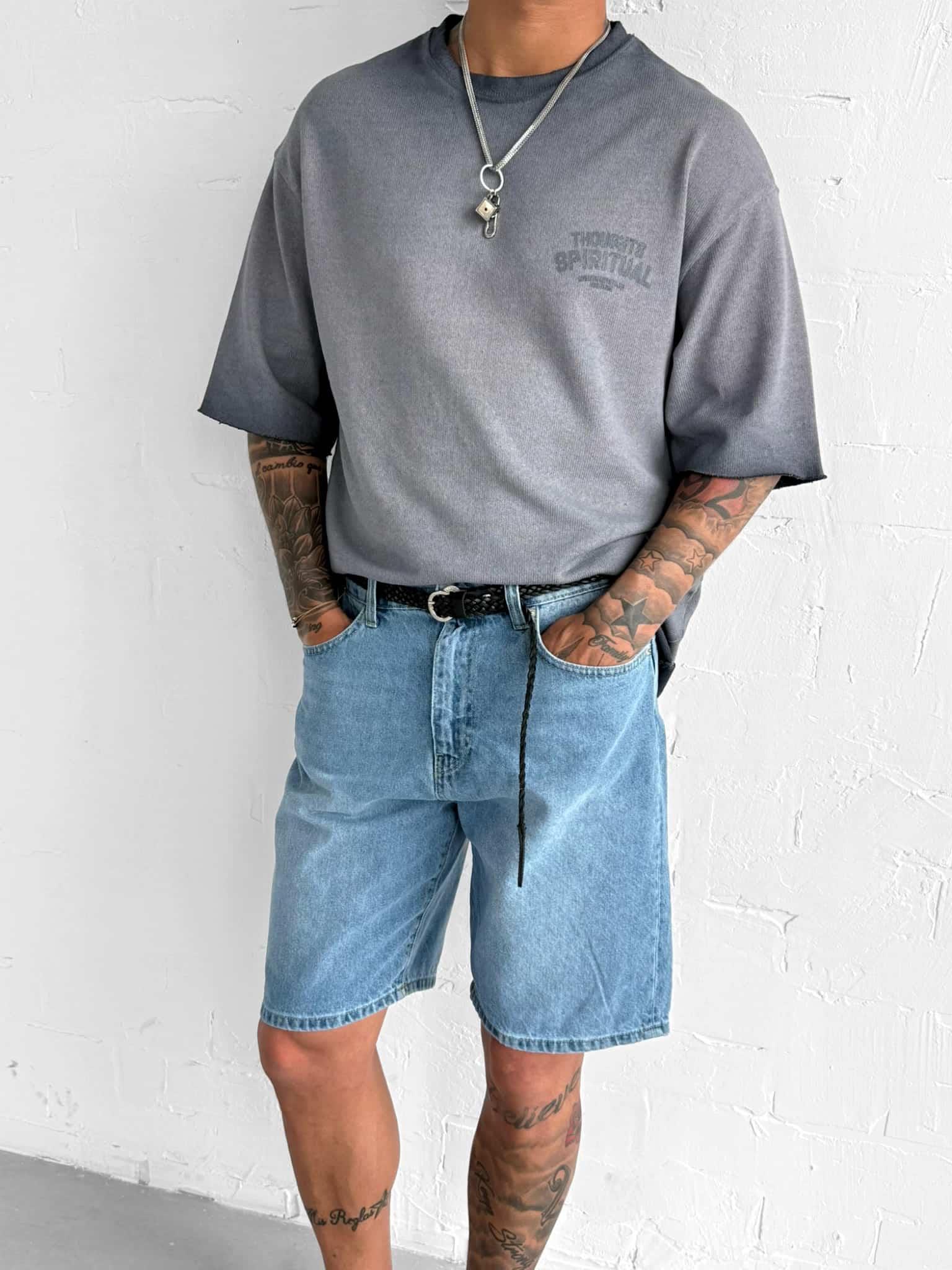 Erkek Yıkamalı Oversize T-Shirt Gri