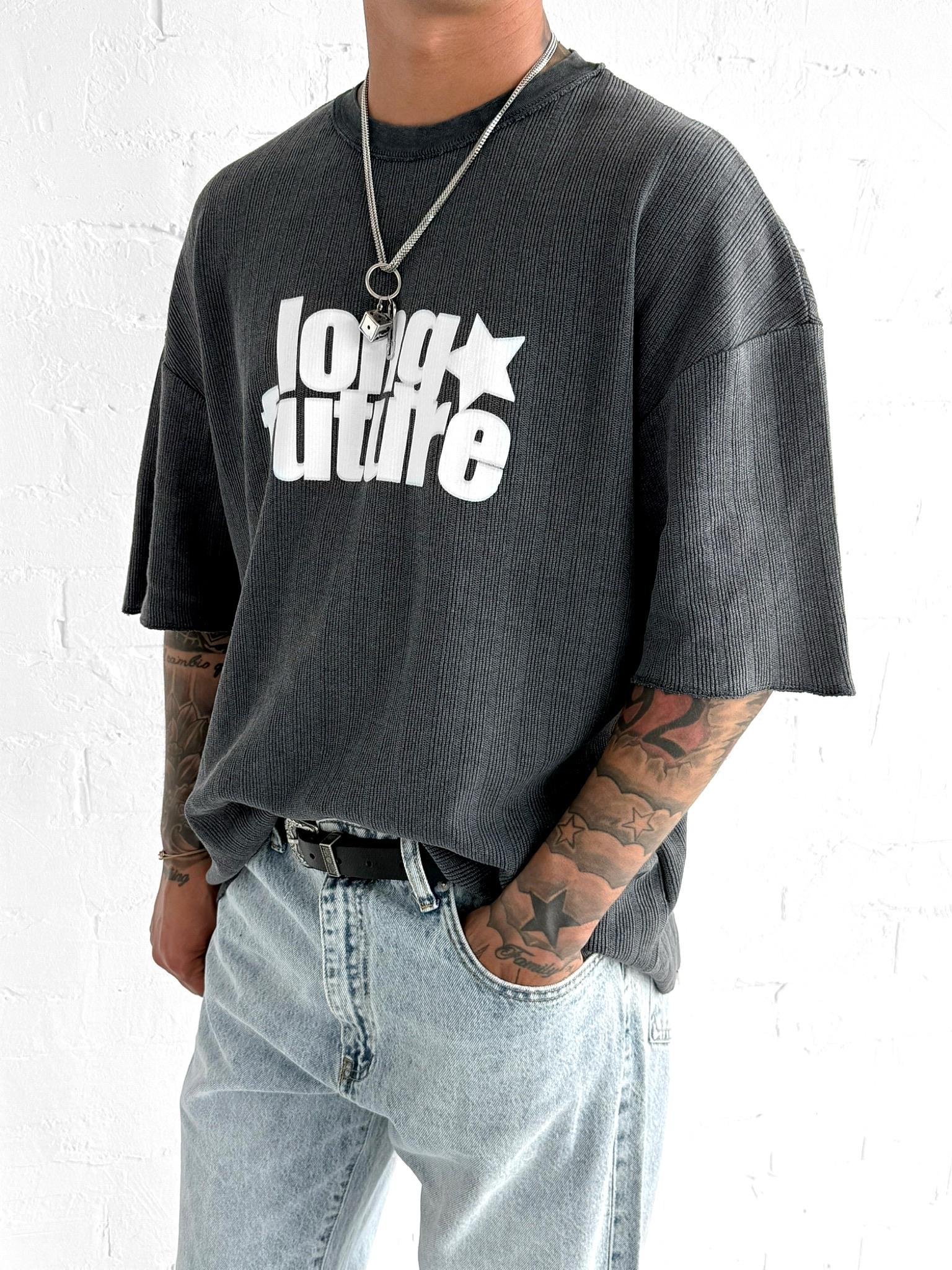 Erkek Yıkamalı Ribana Kumaş Oversize T-Shirt Siyah