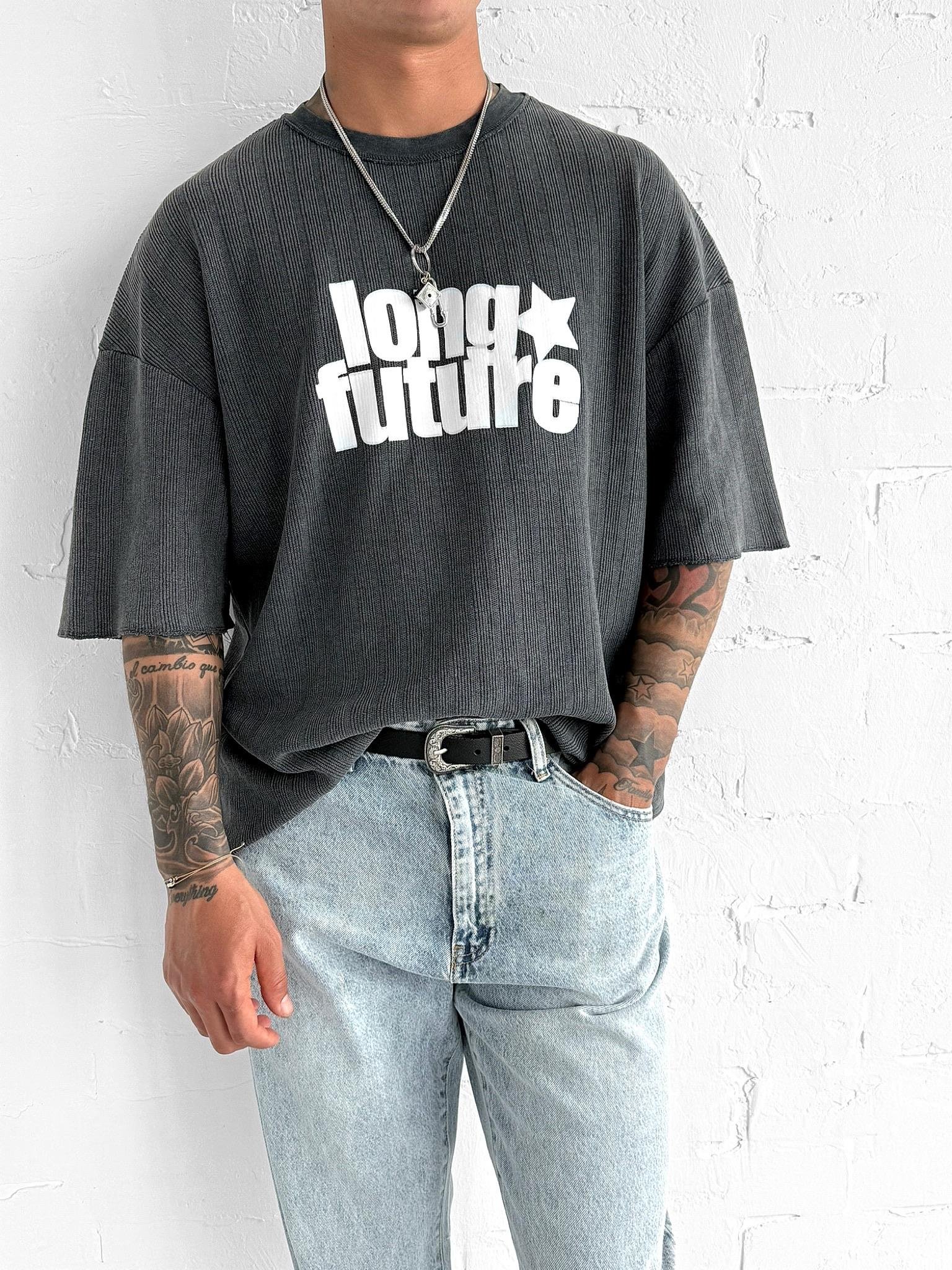 Erkek Yıkamalı Ribana Kumaş Oversize T-Shirt Siyah