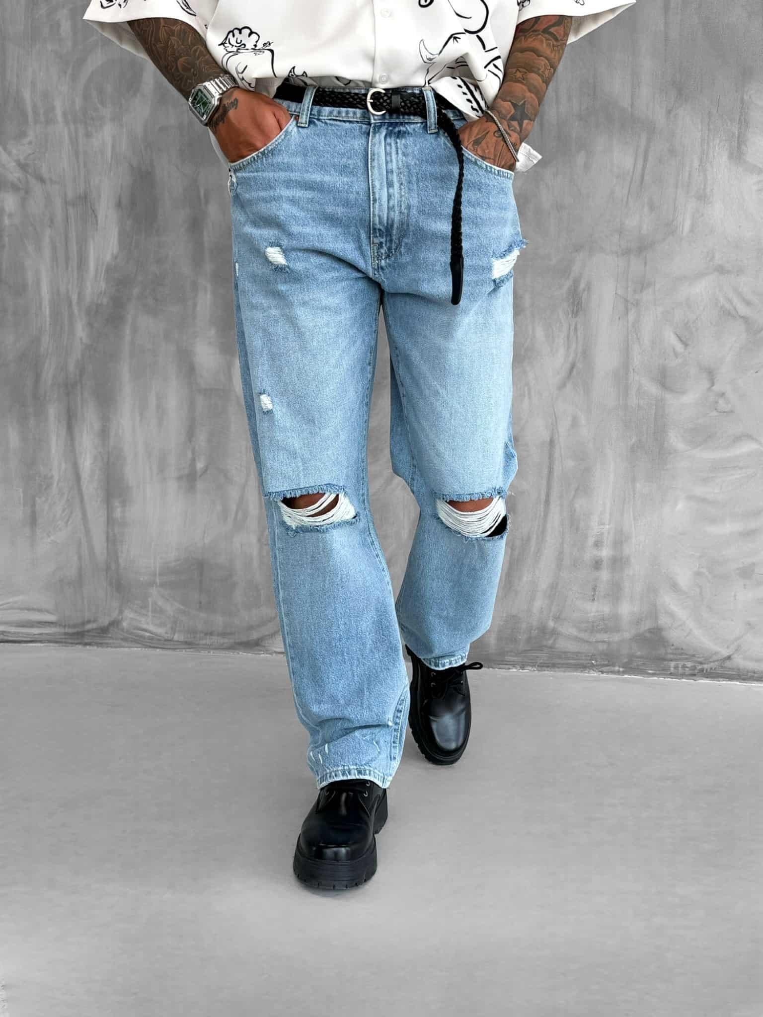 Erkek Yırtık Detaylı Baggy Fit Jean Açık Mavi
