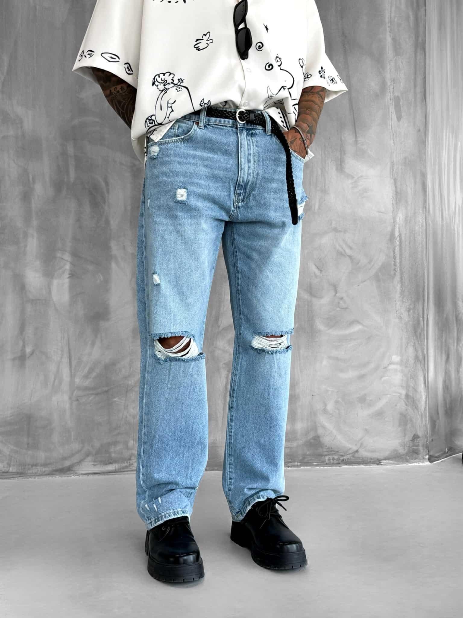 Erkek Yırtık Detaylı Baggy Fit Jean Açık Mavi