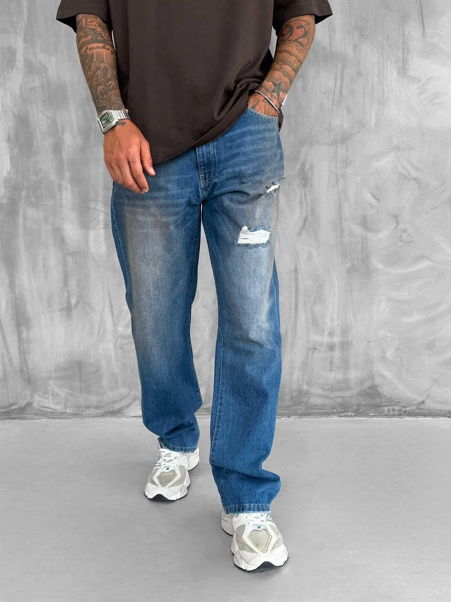 Erkek Yırtık Soluk Efektli Baggy Fit Jean Mavi