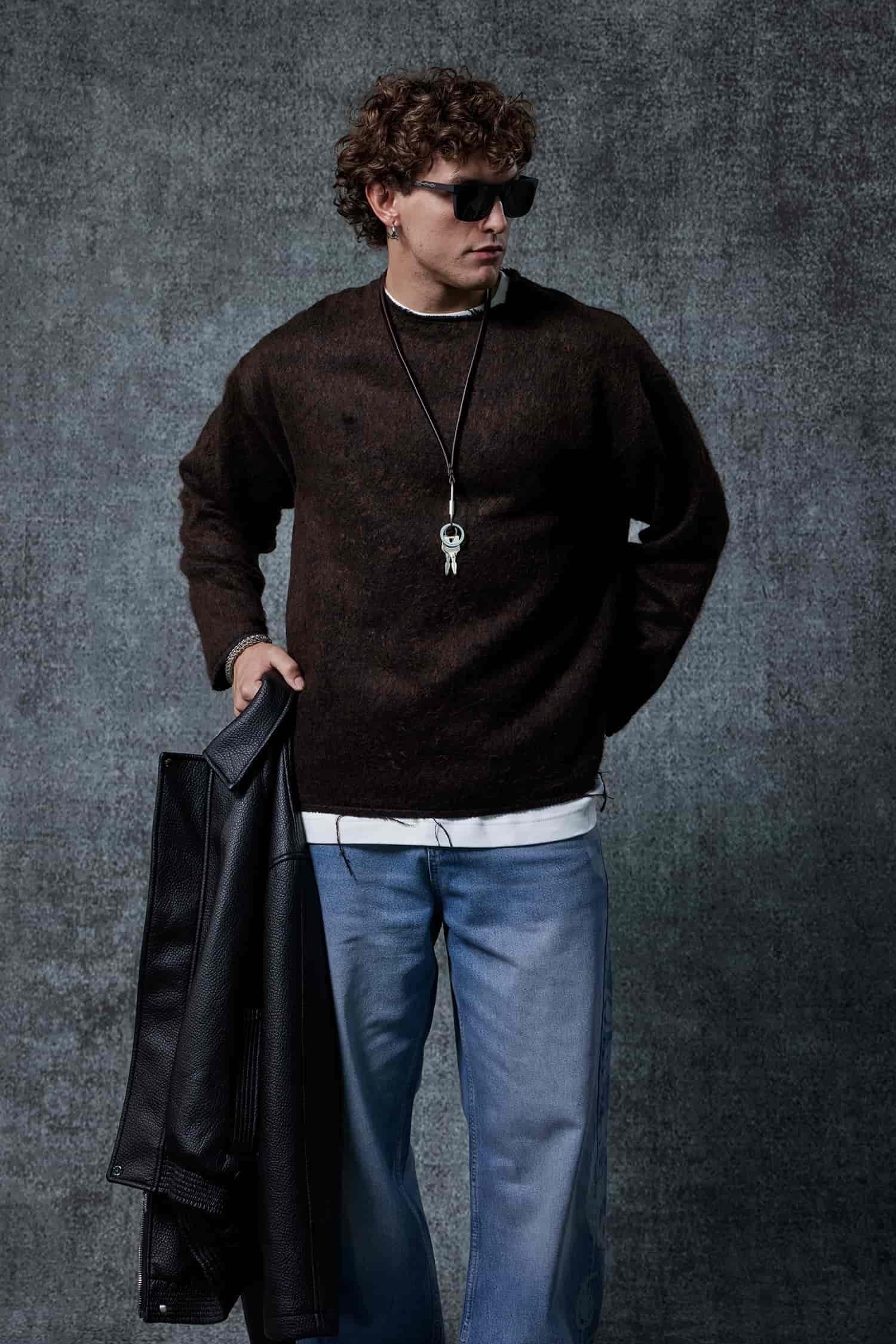 Erkek Yünlü Relax Fit Triko Kazak Kahverengi