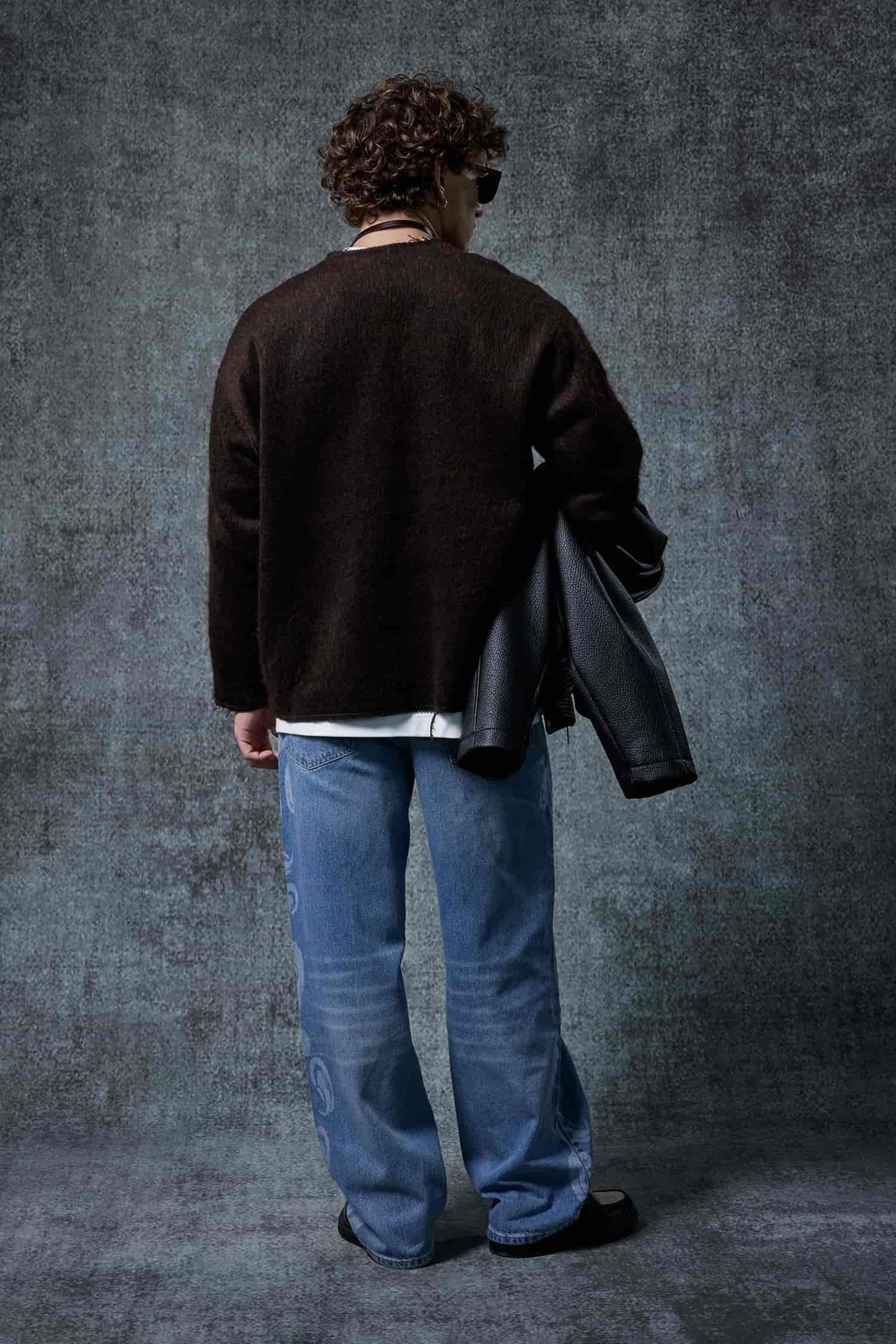 Erkek Yünlü Relax Fit Triko Kazak Kahverengi