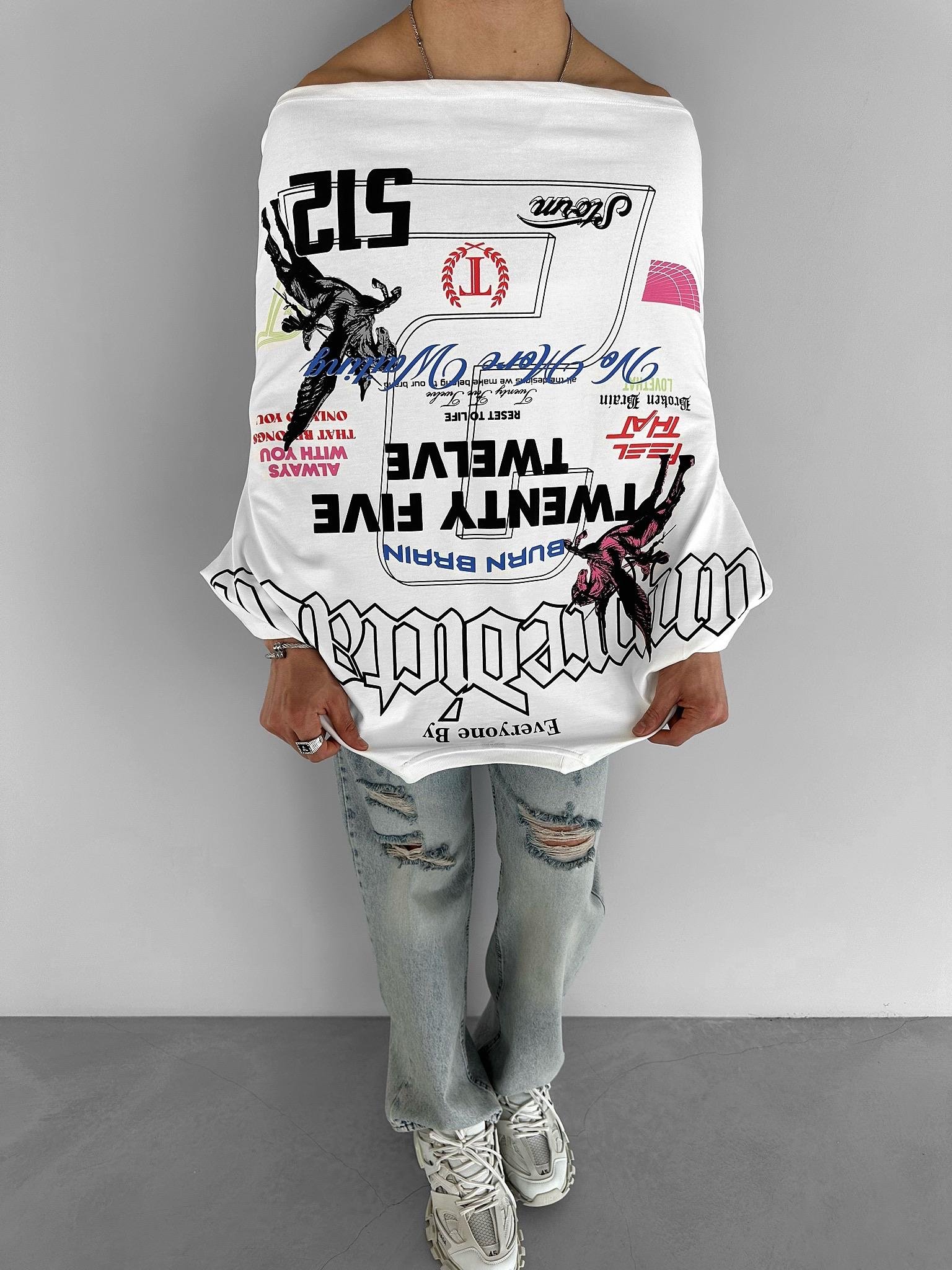 Extra Oversize Baskılı T-Shirt Beyaz