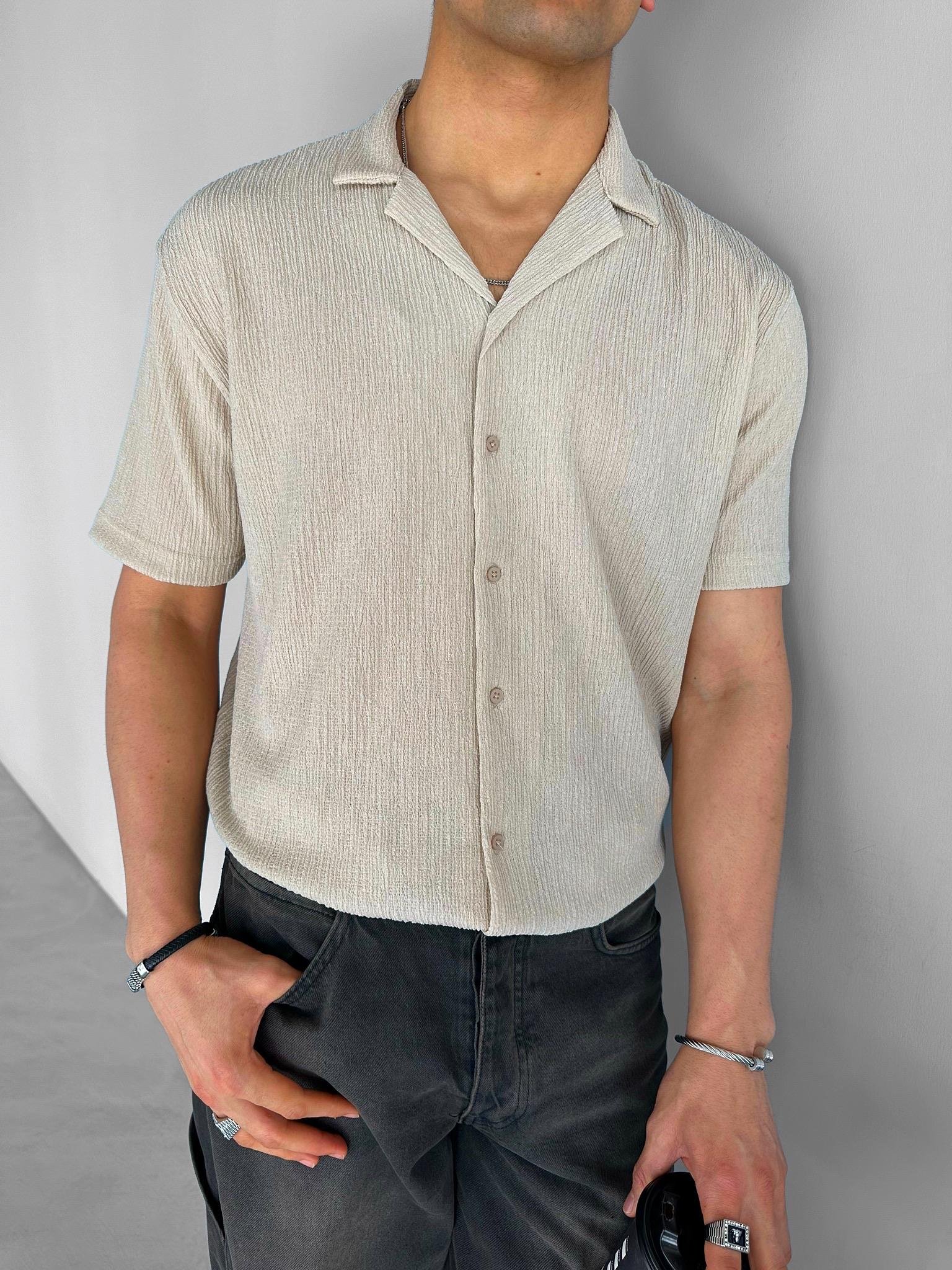 Long Fit Gofre Kumaş Esnek Küba Yaka Gömlek Bej